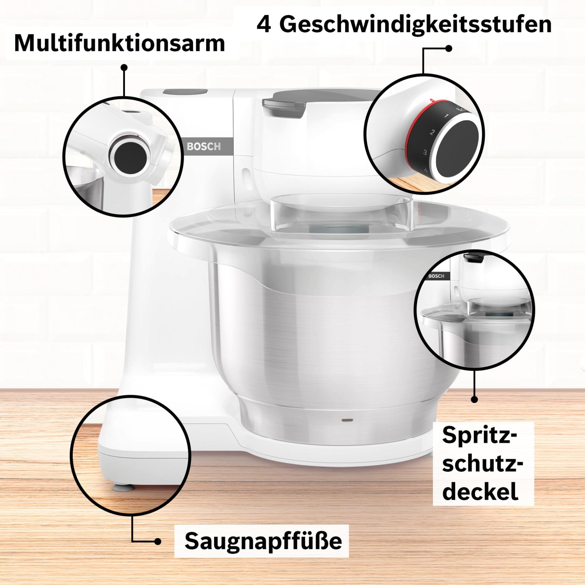 Bosch köögikombain Serie 2 MUMS2EW00, roostevabast terasest kauss 3,8 L, planetaarne segamissüsteem, taignakonks, vispel ja segamisvispel, 4 kiirust, laiendatav lisatarvikutega, 700W, valge – kasutusnäide