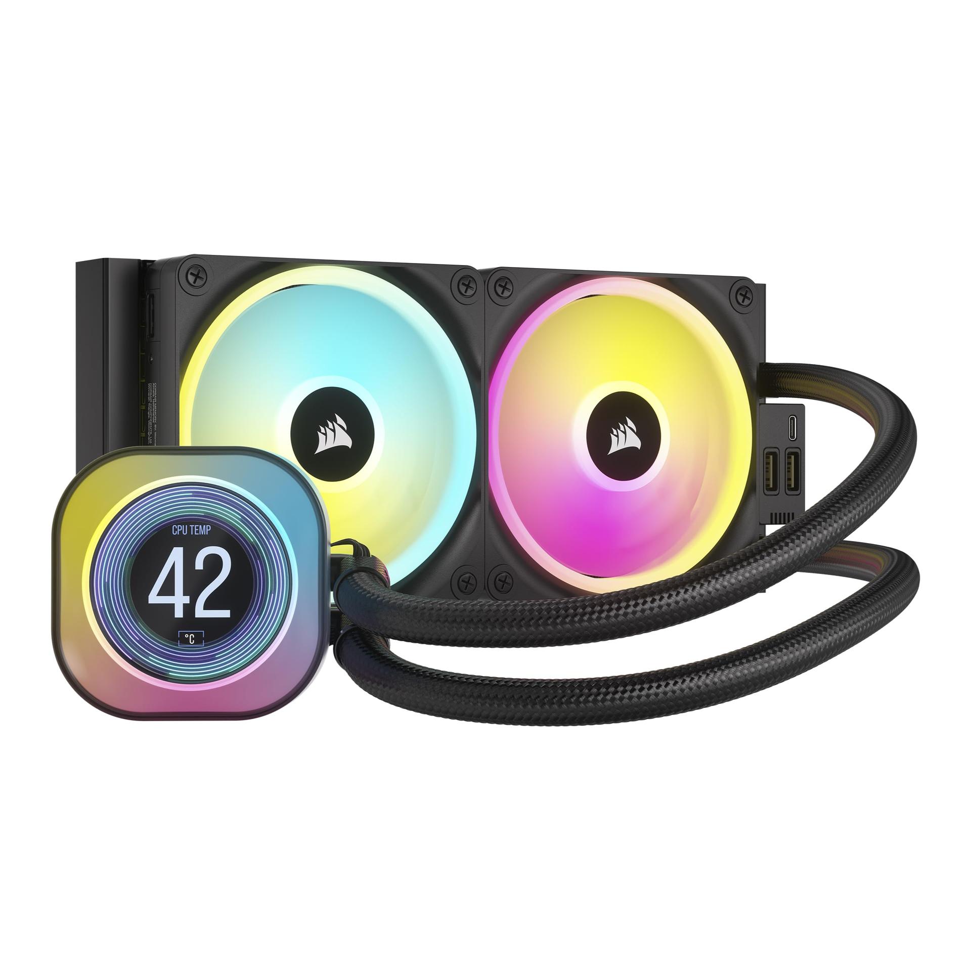 CORSAIR iCUE LINK H100i LCD Vedelikjahutusega CPU Cooler – 240mm AIO – QX120 RGB ventilaatorid – 2,1″ IPS-LCD ekraan – Sobib Intel LGA 1700, AMD AM5 – iCUE LINK süsteemi jaotur kaasas – Must
