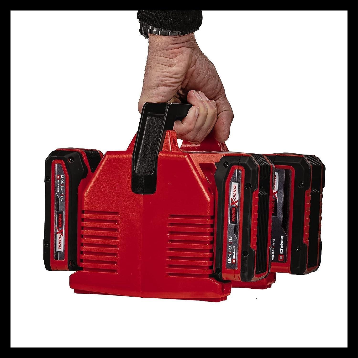 Einhell originaallaadija Power X-Quattrocharger 4A Power X-Change (Li-Ion, 18V, 2×2 aku samaaegne laadimine, akuseire, intelligentne laadimishaldus, 6-kordne LED-indikaator) – pakend ja tarvikud