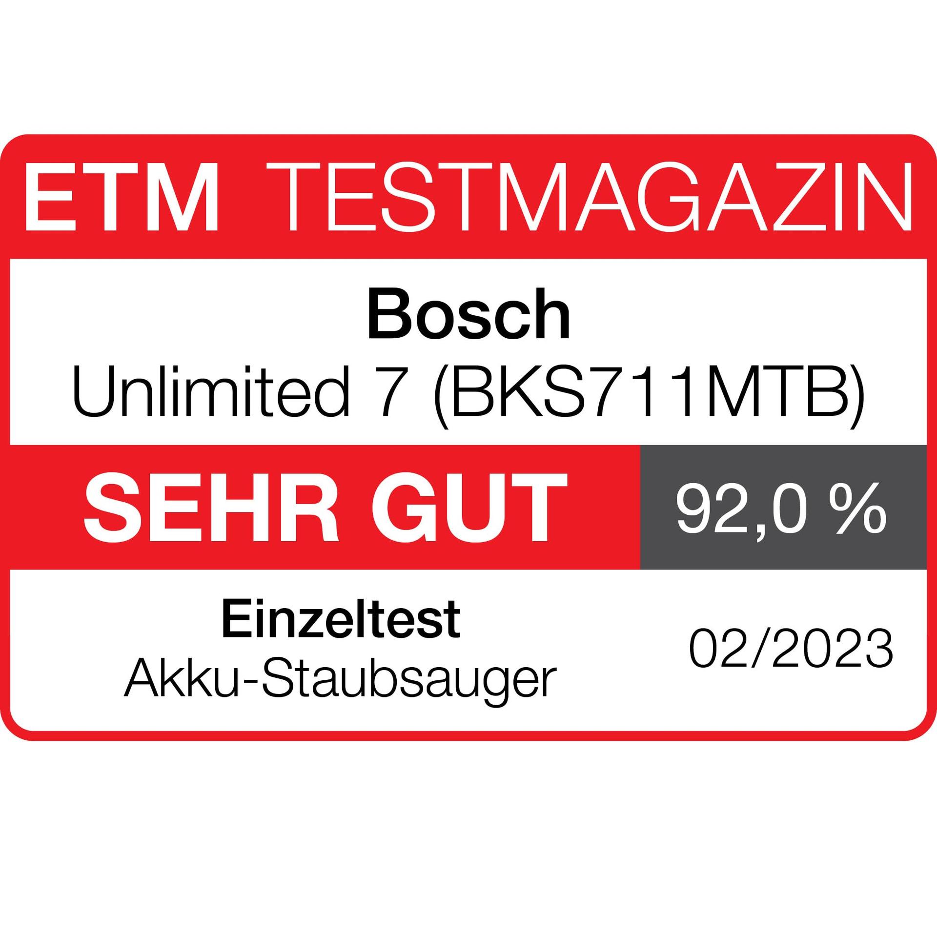 Bosch juhtmeta tolmuimeja Unlimited 7 BKS711MTB, tolmukotita, vahetatava akuga, painduva toruga, hügieenifiltriga, 10-aastase mootorigarantiiga, mini-turbodüüsiga, LED-valgustusega, turborežiimiga, valge – detailne vaade