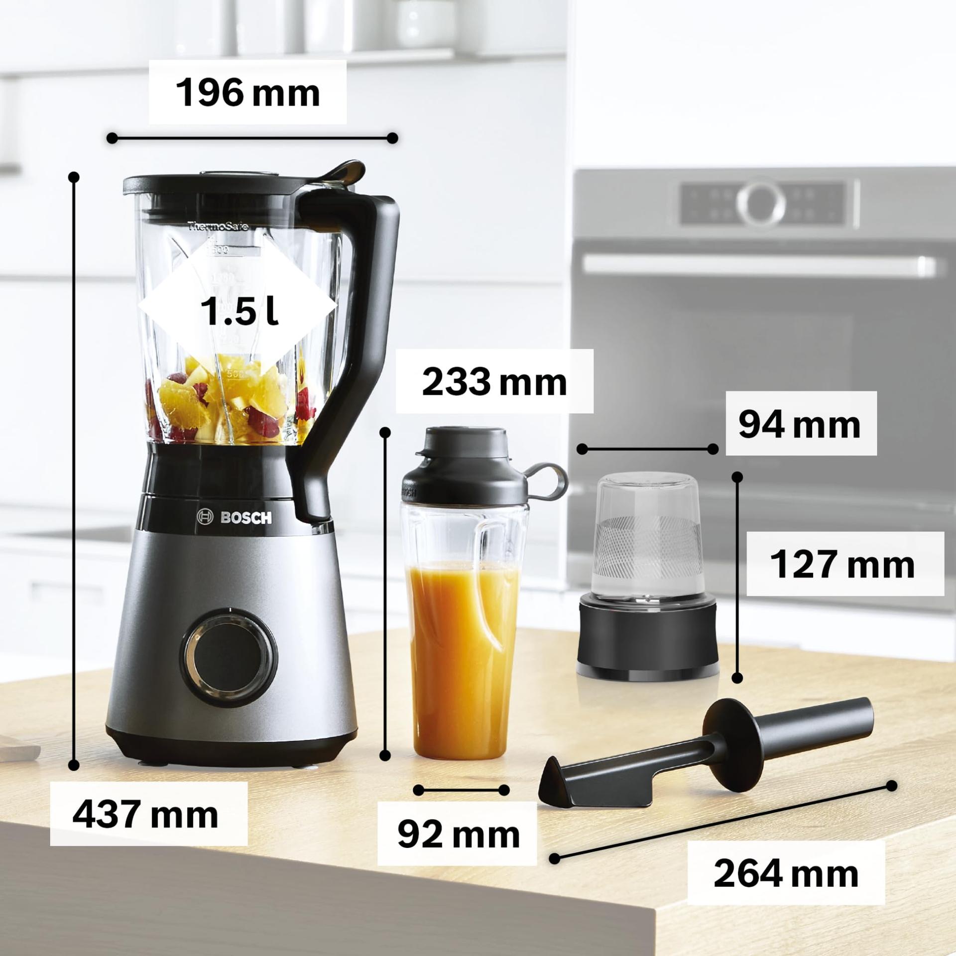 Bosch VitaPower Series 4 MMB6177S blender, roostevabast terasest terad, 1,5L ThermoSafe klaaskann, 0,6L kaasaskantav pudel, stopper, universaalne hakkija, 30 000 p/min, 1200W, hõbedane – pakend ja tarvikud