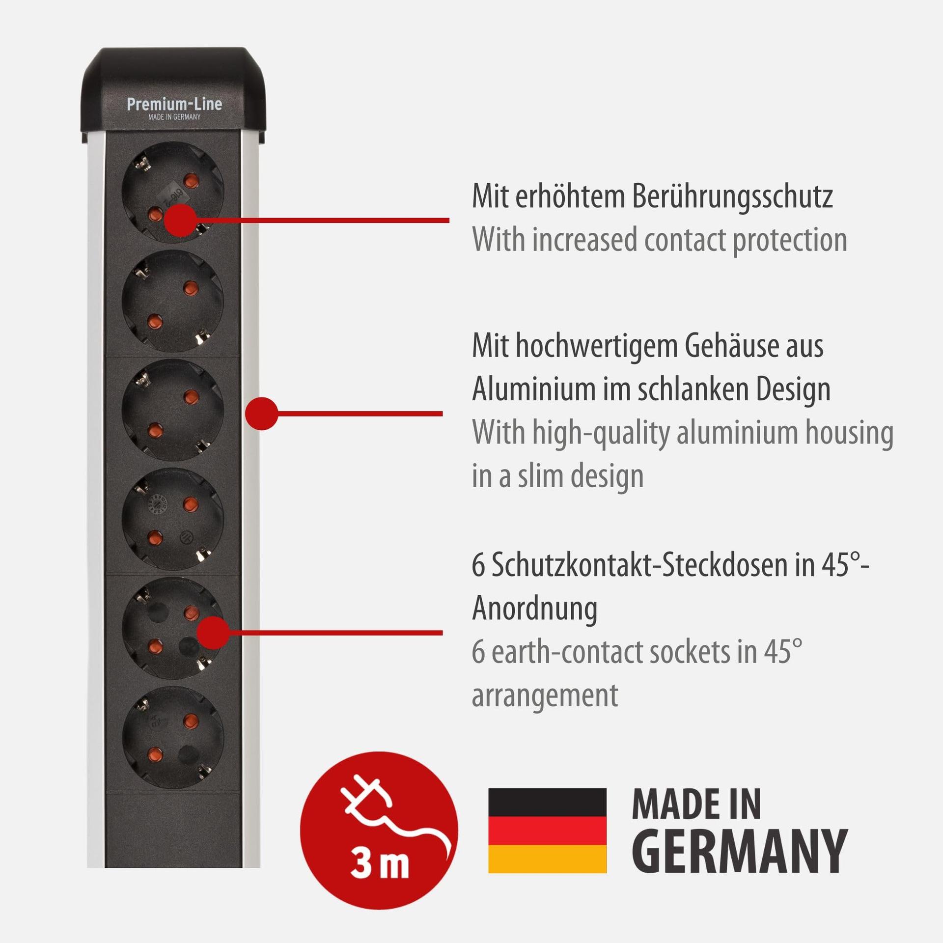 Brennenstuhl Premium-Protect-Line 6-kohaline pikendusjuhe ülepinge kaitsega 60 000 A (pistikupesa lülitiga ja 3m kaabliga, valmistatud Saksamaal) hõbe/must – detailne vaade