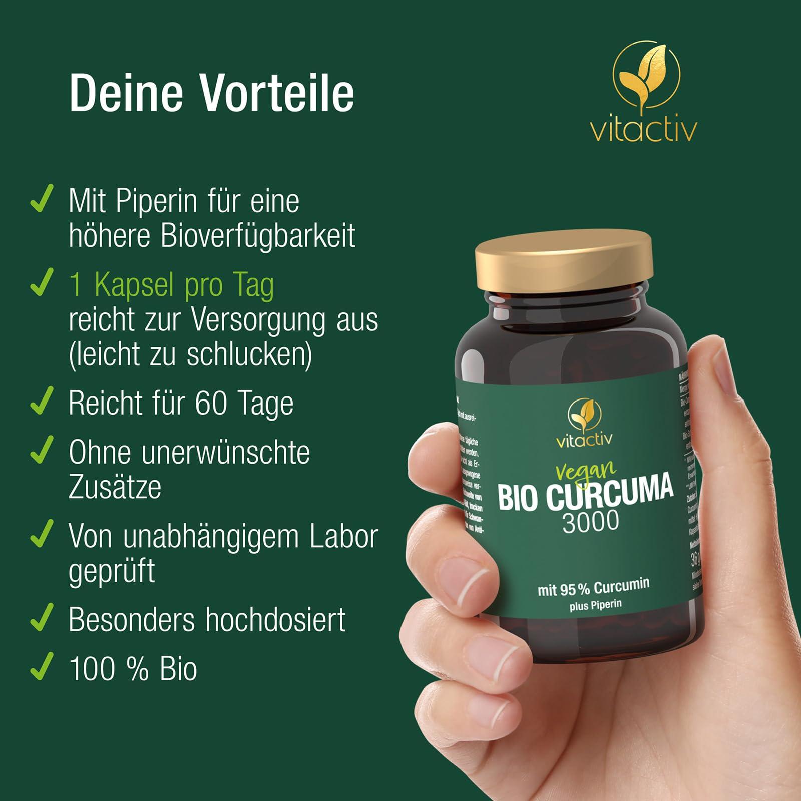 VITACTIV Bio Kurkumiin 3000 – 3-pakk. Kõrge annusega kurkumi ekstrakt 95% kurkumiiniga – Must pipar parema imendumise jaoks – 180 kapslit 180 päevaks – Vegan, ilma magneesiumstearaadita – pakend ja tarvikud