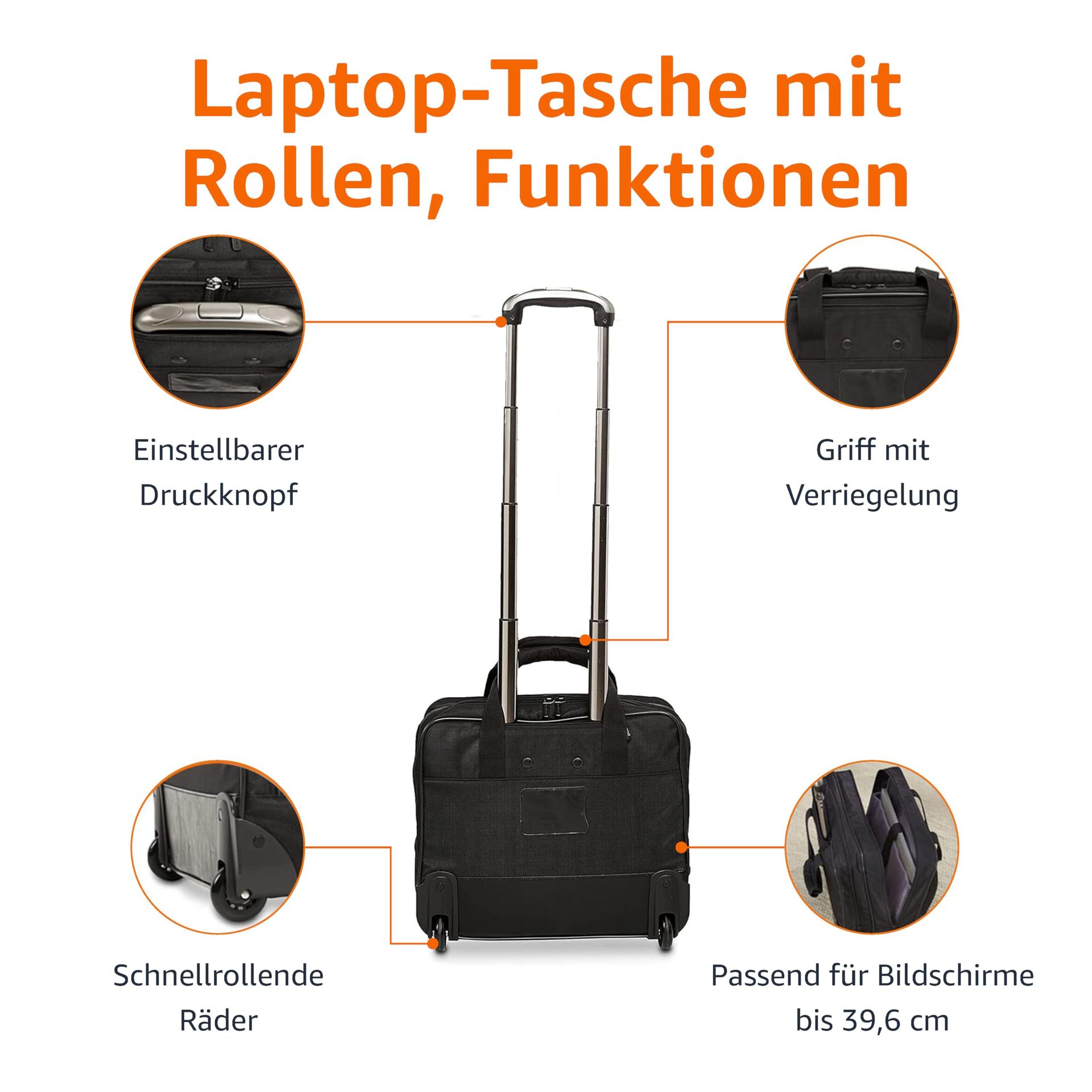 Amazon Basics – Sülearvuti-troll, kiiresti veerevate rataste ja kergesti ligipääsetava esitaskuga – sobib kuni 15,6-tollistele (39,6 cm) sülearvutitele, must – pakend ja tarvikud