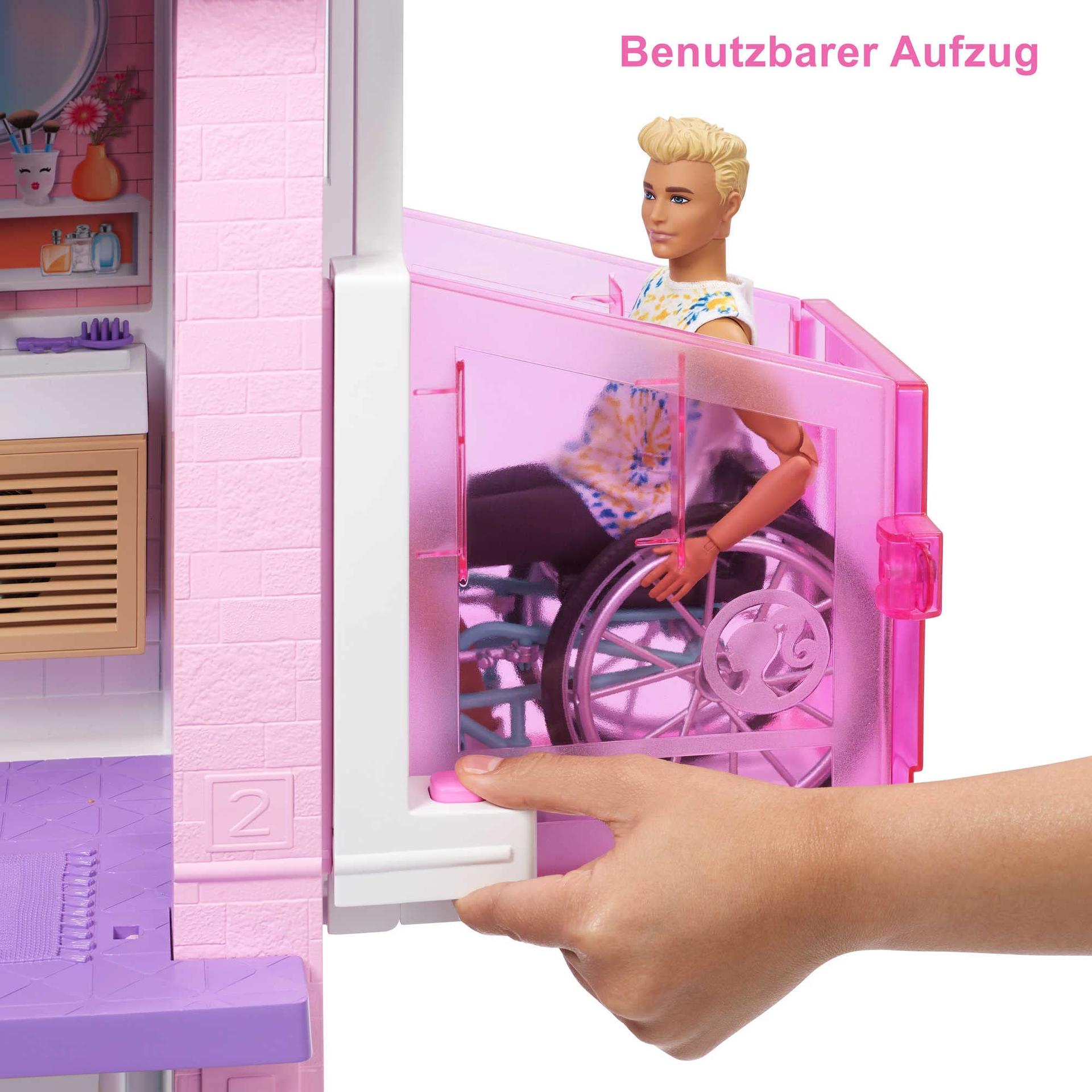 Barbie Unistuste Maja (114 cm), 3-korruseline nukkude maja Barbie basseiniga, liumägi, ratastoolitõstuk, 75+ Barbie tarvikud, nukud pole kaasas, kingitus lastele alates 3. eluaastast, GRG93 – lisavaade