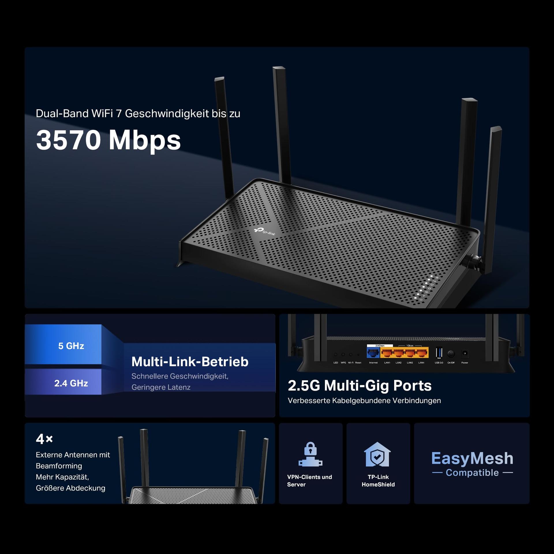 TP-Link WiFi 7 ruuter Archer BE3600 | Kahe sagedusalaga WLAN 3570 Mbps | 2 x 2,5G pordid | USB 3.0 | EasyMesh | VPN-klient ja -server | HomeShield – pakend ja tarvikud