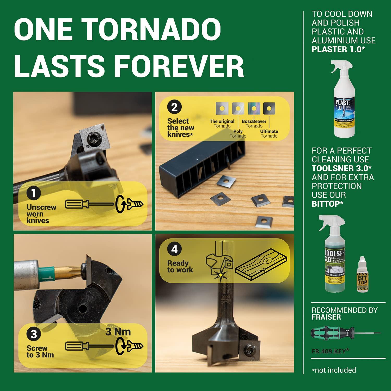 TORNADO Fraiser tasafrēes 8mm varrega puidule, läbimõõt 35 mm, 3 vahetatava kõvasulamm-teraga, kaetud 10,5 x 10,5 mm, ülafreesile (D=35 I=10.5 S=8) – kasutusnäide