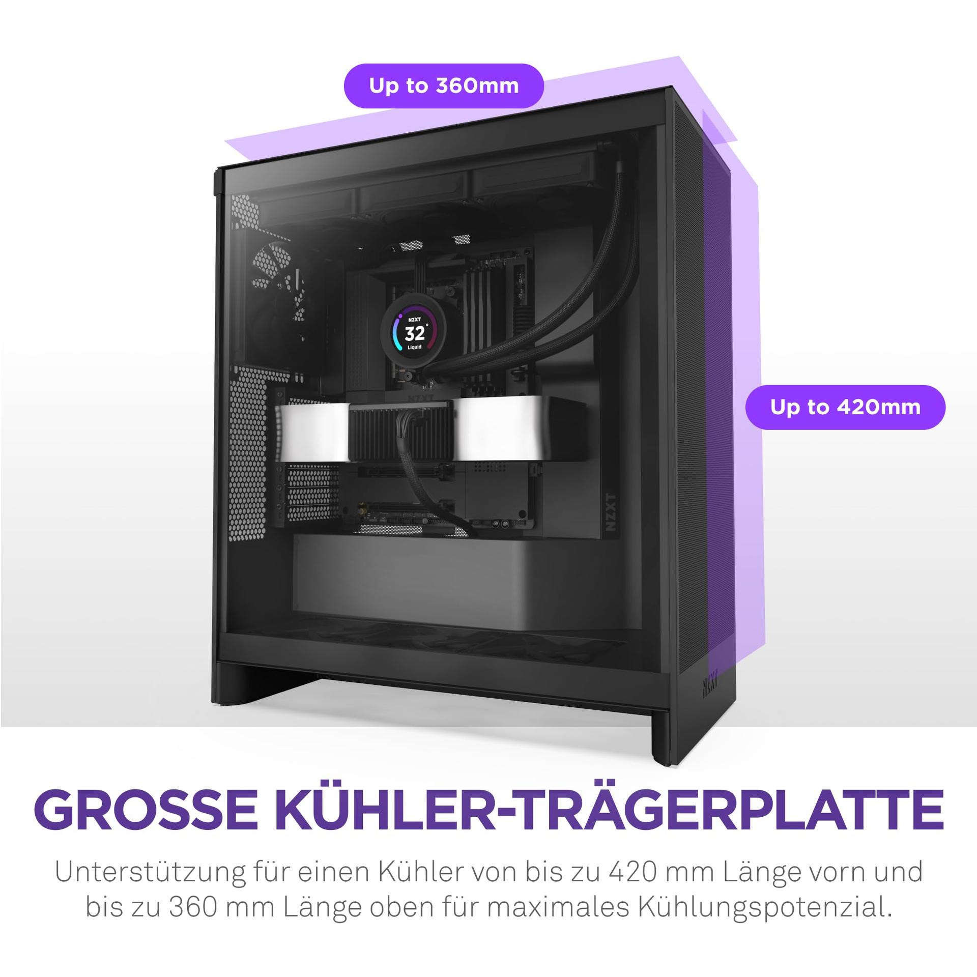 NZXT H7 Flow | Mid-Tower ATX õhuringluskorpus | Kuni 3 x 120 mm põhjaventilaatorit GPU otseseks jahutamiseks | 3 x 120 mm esipaneeli ventilaatorit | 420 mm radiaatorialus ees | Must – lisavaade