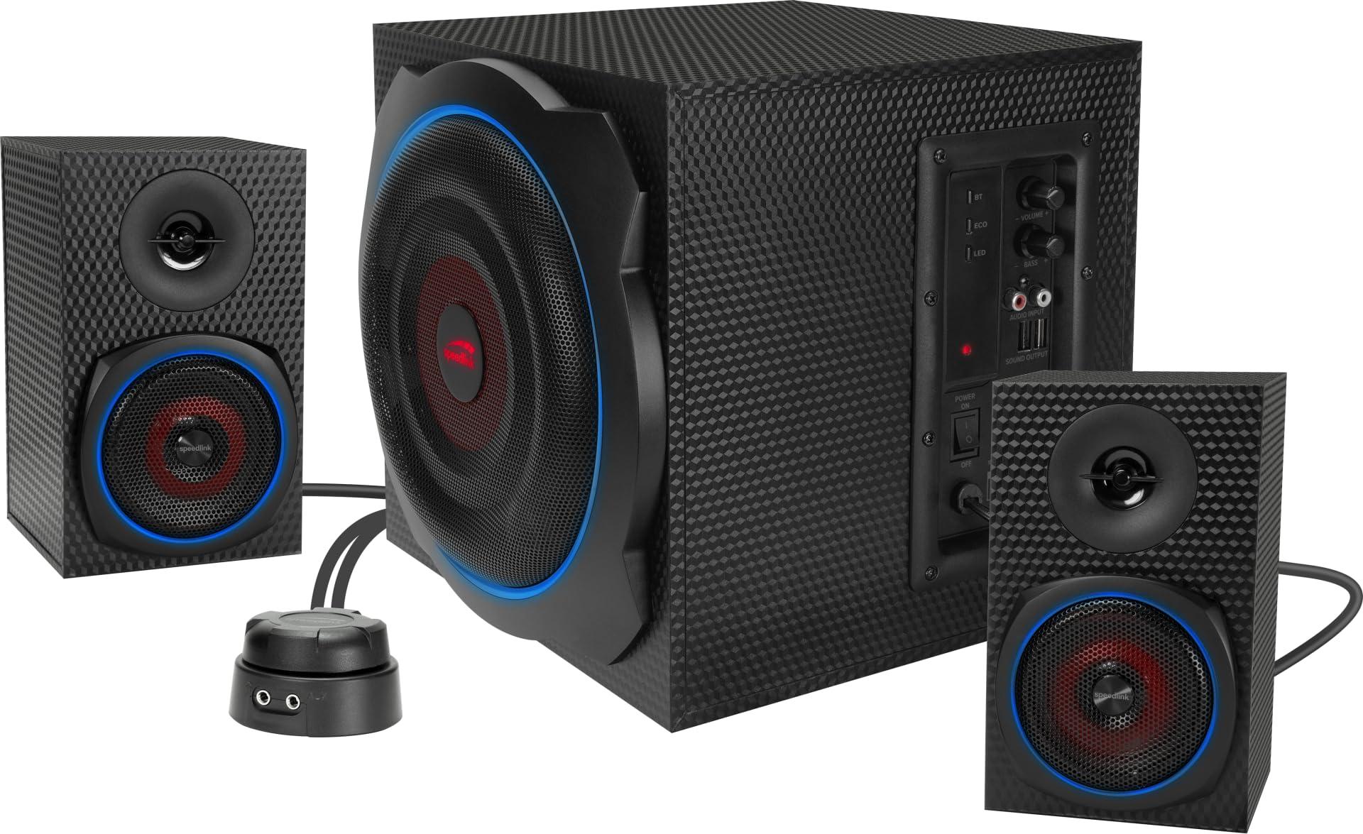 Speedlink GRAVITY CARBON RGB 2.1 helisüsteem Bluetoothiga – puidust subwoofer, 120 W, 3,5 mm AUX, laualt juhitav, must – detailne vaade