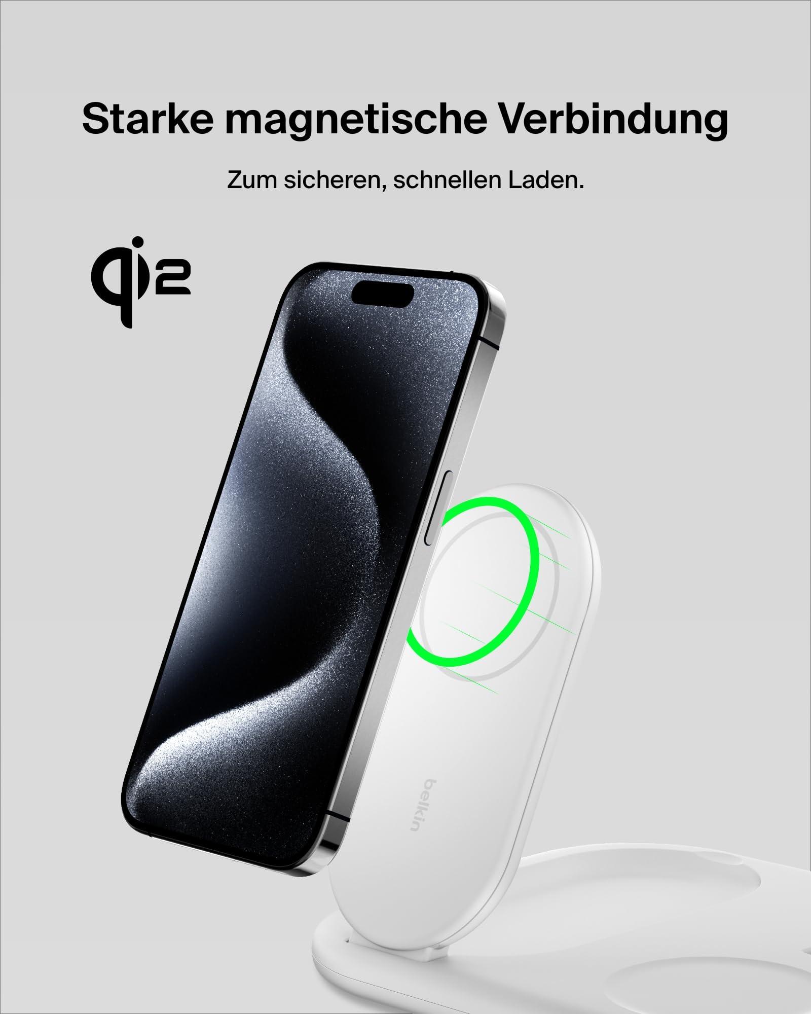 Belkin BoostCharge juhtmevaba 3-ühes laadimisjaam Qi2, 15 W, kokkupandav MagSafe-ühilduv statiiv Apple iPhone 16/15, Apple Watch, AirPods jaoks, libisemisvastane, kiirlaadimine, koos toiteadapteriga – Valge – kasutusnäide