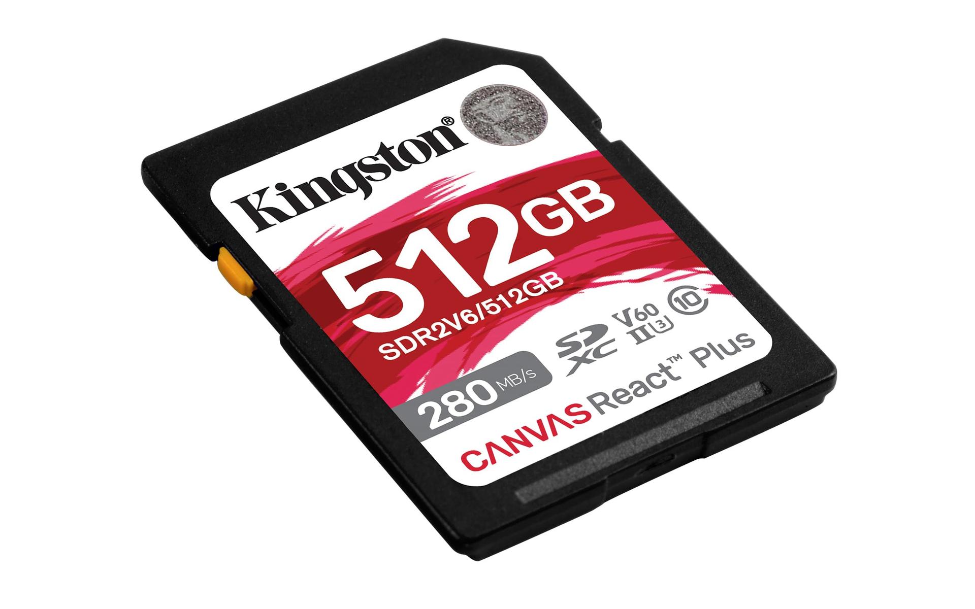 Kingston Canvas React Plus V60 SD 512GB SDXC UHS-II 280MB/s lugemine, 150MB/s kirjutamine, U3 V60 Full HD/4K jaoks – detailne vaade