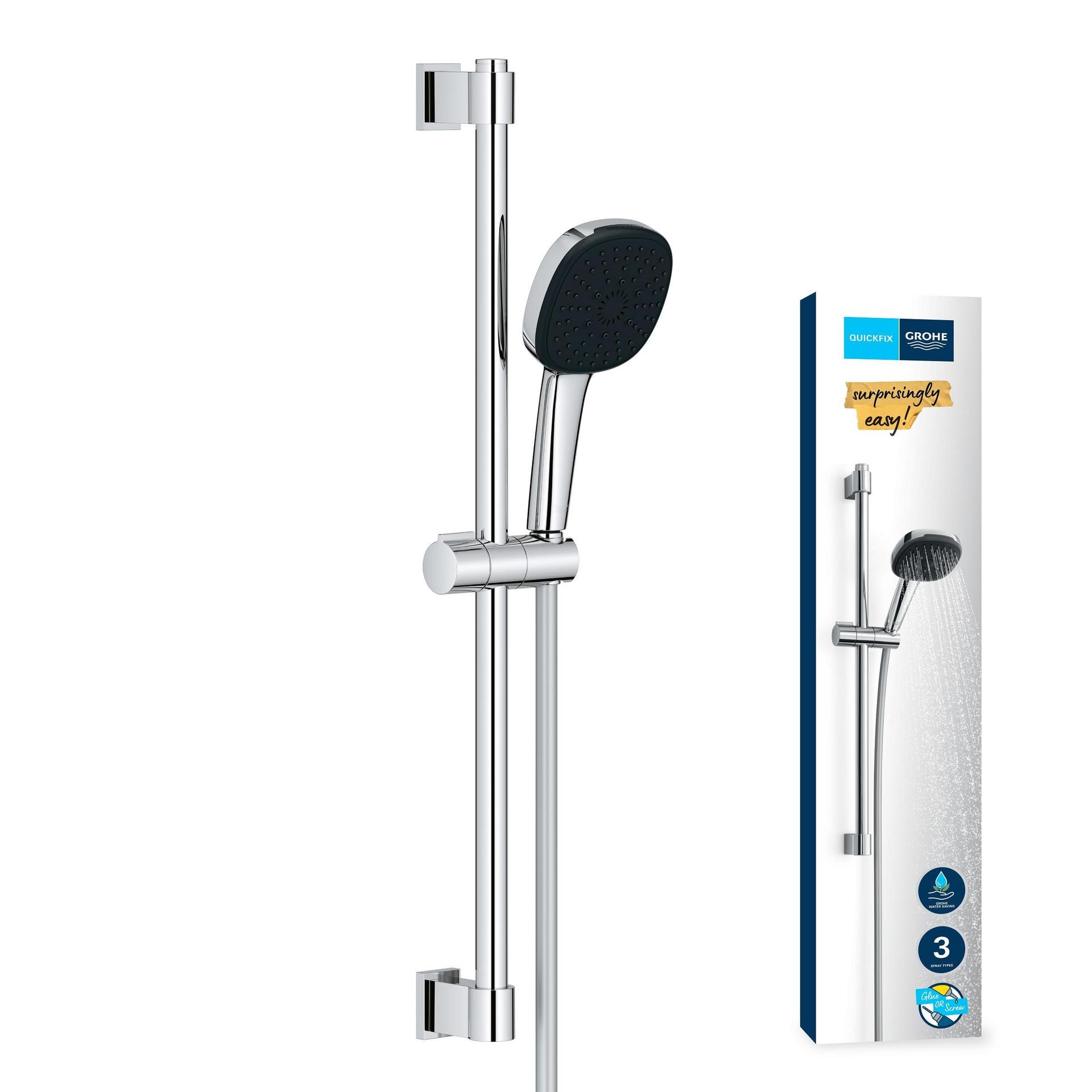 GROHE Vitalio 110 – vee säästev dušikomplekt – 8 l/min (3 pihustusrežiimi, 60 cm dušitoru, kinnitatav liimiga või kruvidega), kandiline, kroom, 26096001