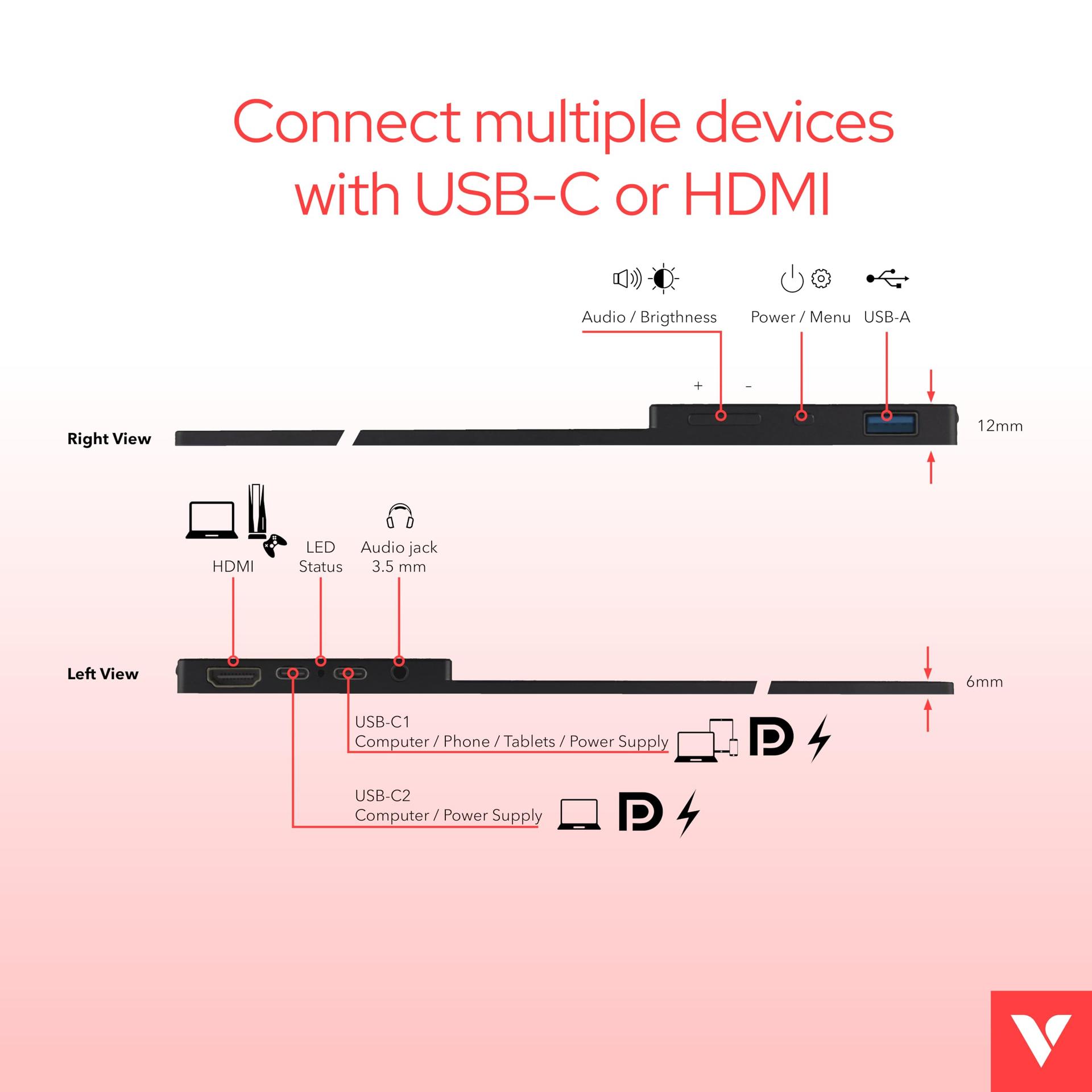 Verbatim PMT-15, kaasaskantav puutetundlik monitor, 15,6” Full HD ekraan sülearvutile, tahvelarvutile, nutitelefonile, PS5-le või Nintendo Switchile, USB-A, USB-C ja HDMI ühendustega, must – detailne vaade