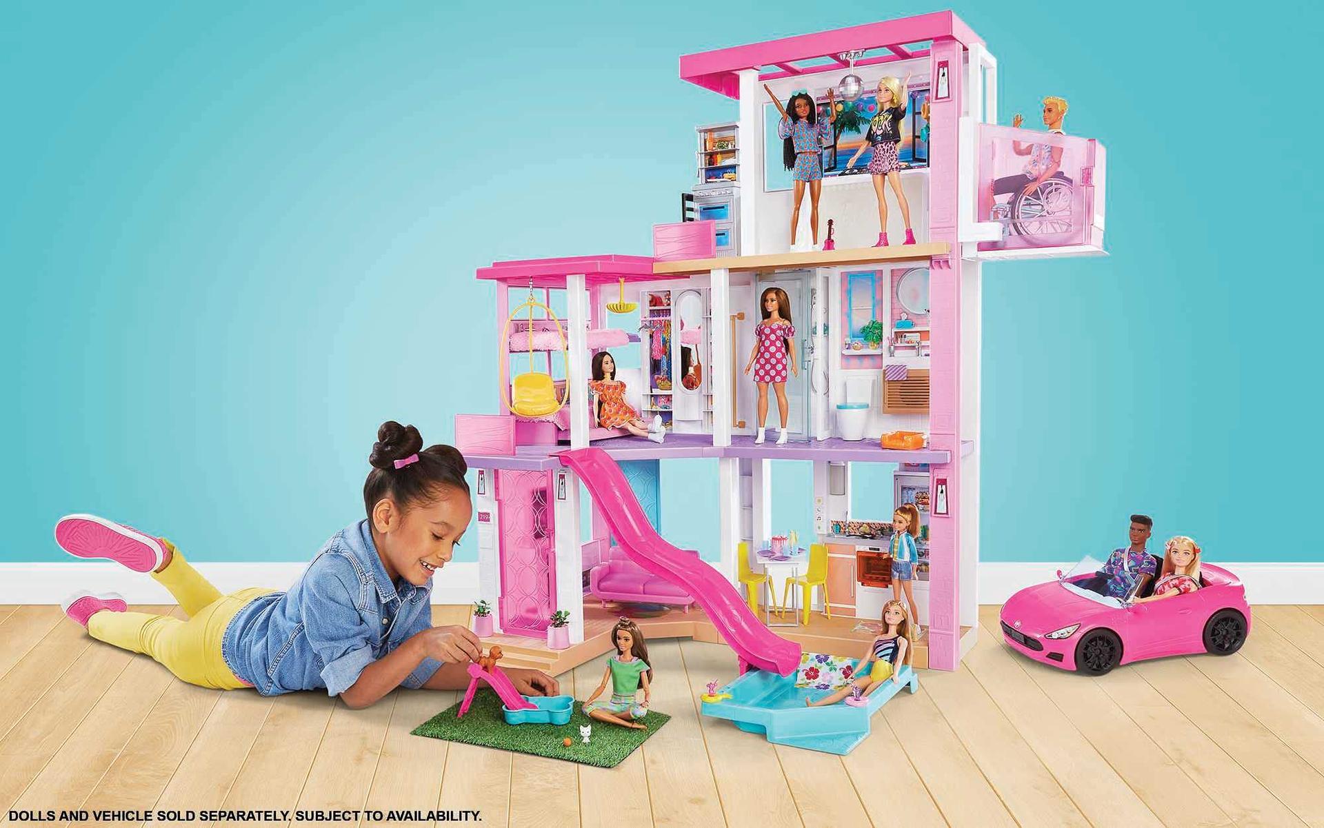 Barbie Unistuste Maja (114 cm), 3-korruseline nukkude maja Barbie basseiniga, liumägi, ratastoolitõstuk, 75+ Barbie tarvikud, nukud pole kaasas, kingitus lastele alates 3. eluaastast, GRG93 – detailne vaade