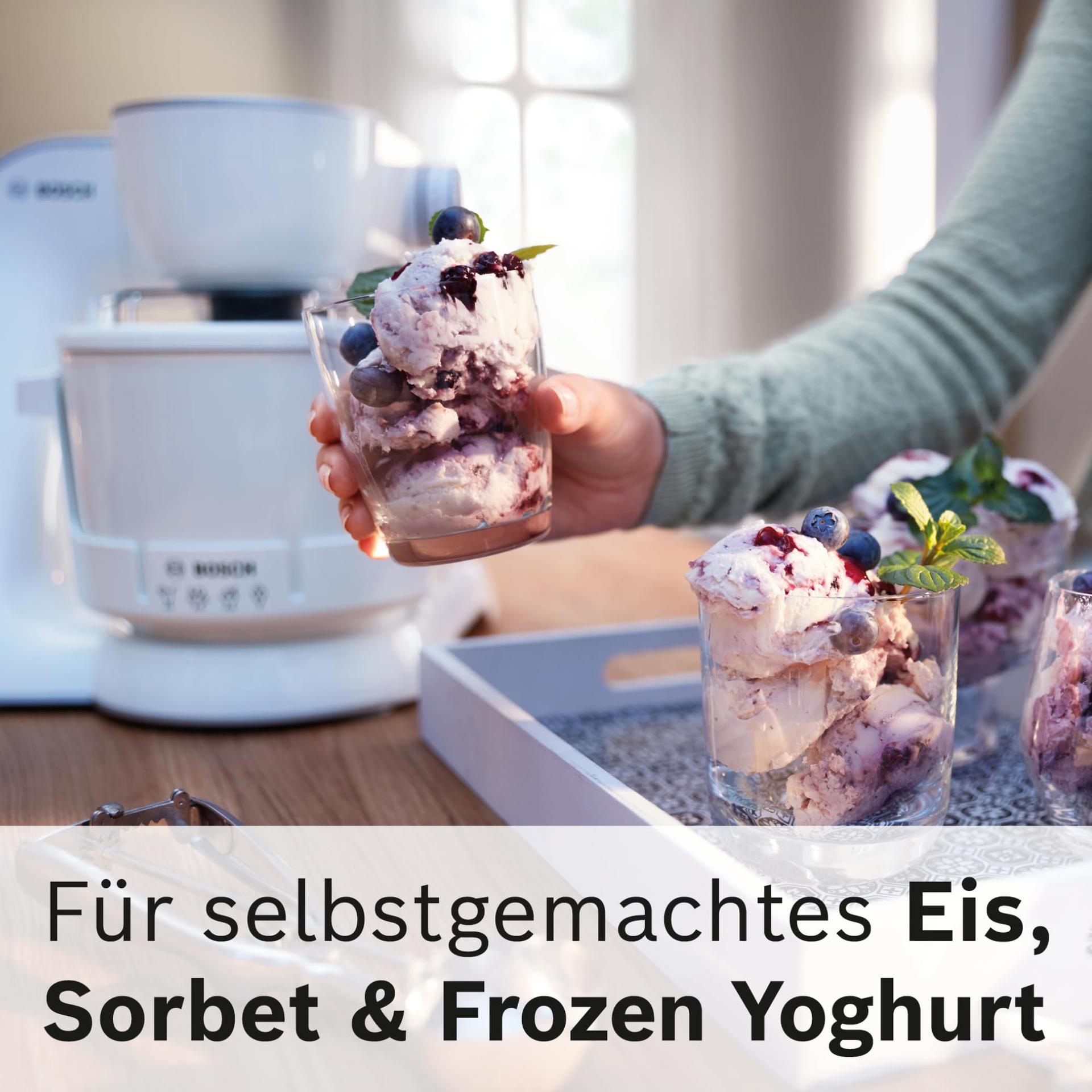 Bosch jäätisemasina lisavarustus MUZ5EB2, 550 ml, kodune jäätis, sorbett ja külmutatud jogurt, valge, sobib köögikombainile Serie 4 – kasutusnäide