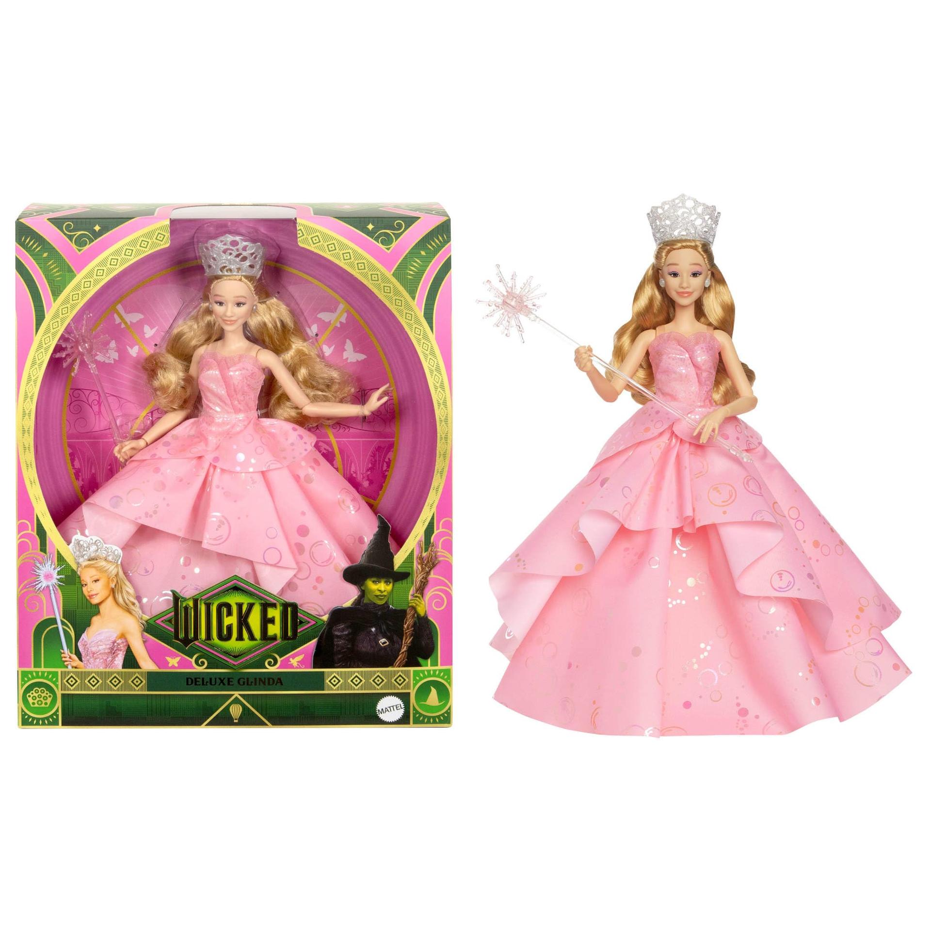 Mattel Wicked Glinda luksuslik moe-nukk ja aksessuaarid, sealhulgas kroon ja sau, filmist inspireeritud välimus, erinevad poosid võimalikud, HXY37