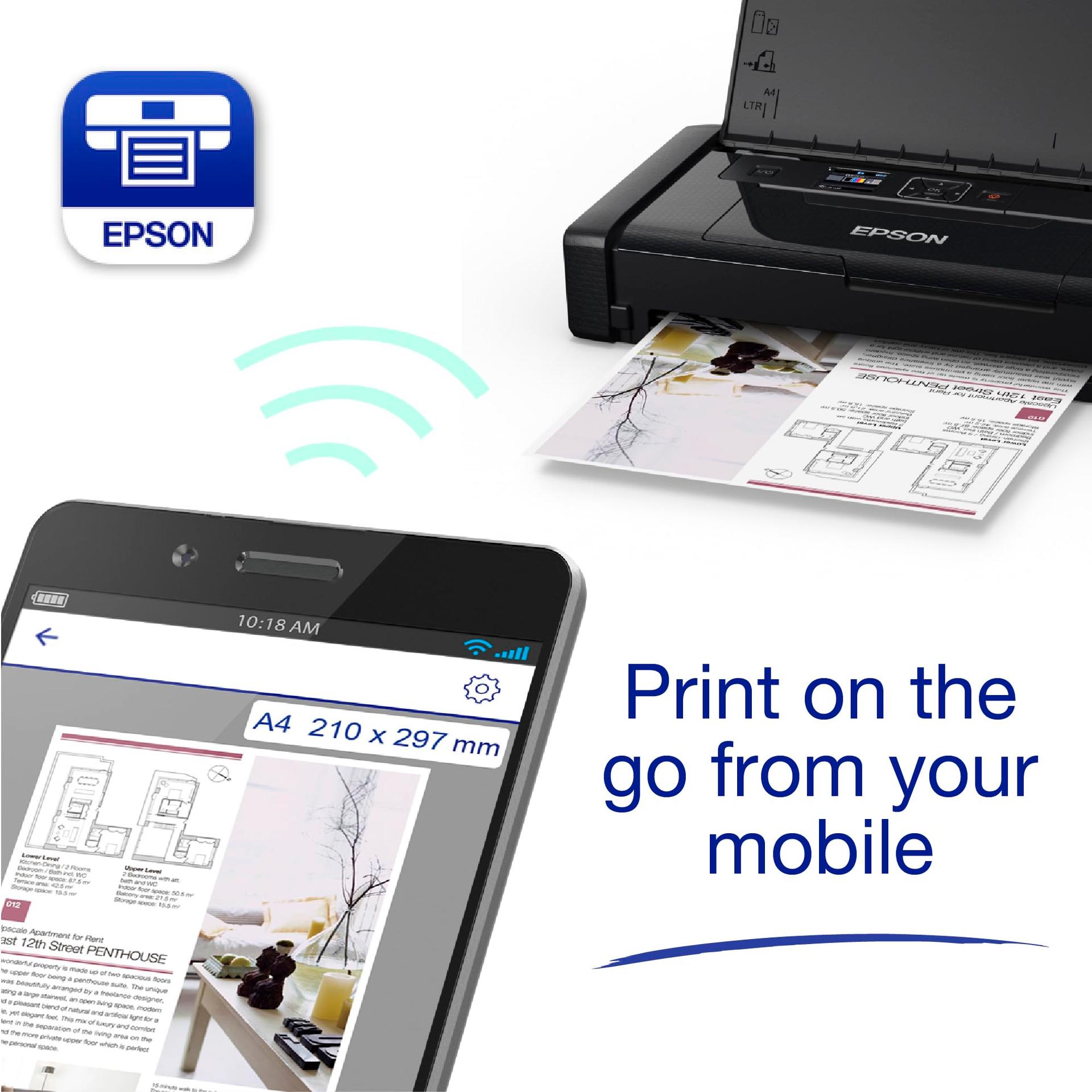 Epson WorkForce WF-110W kaasaskantav tindiprinter (A4, WiFi Direct, mobiilne printimine, USB, sisseehitatud aku, vaid 1,6 kg) must – lisavaade