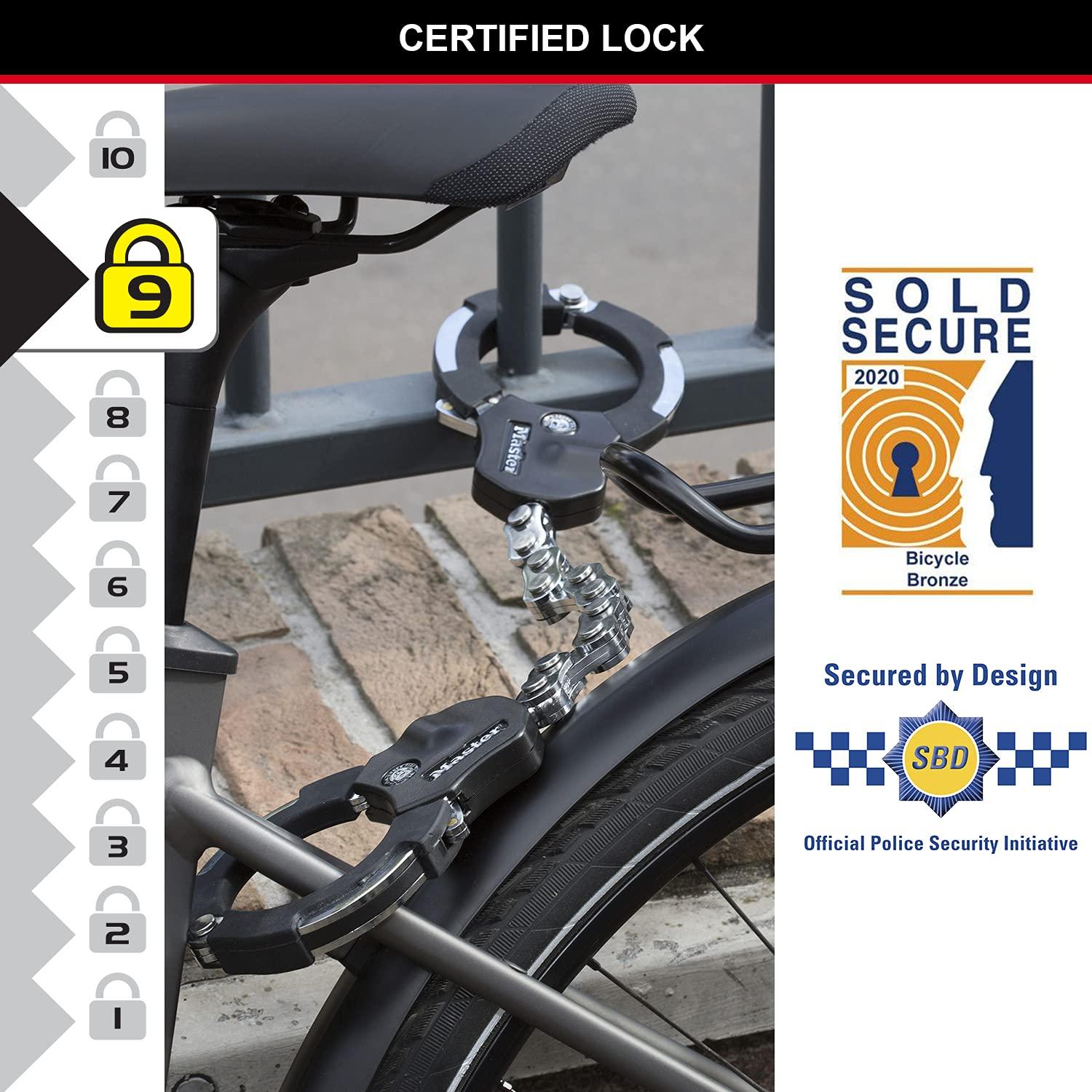 Master Lock sertifitseeritud ja patenteeritud E-tõukeratta lukk, käeraualukk, jalgrattalukk, 55 cm, ideaalne tõukeratastele, jalgratastele, lapsevankritele – pakend ja tarvikud