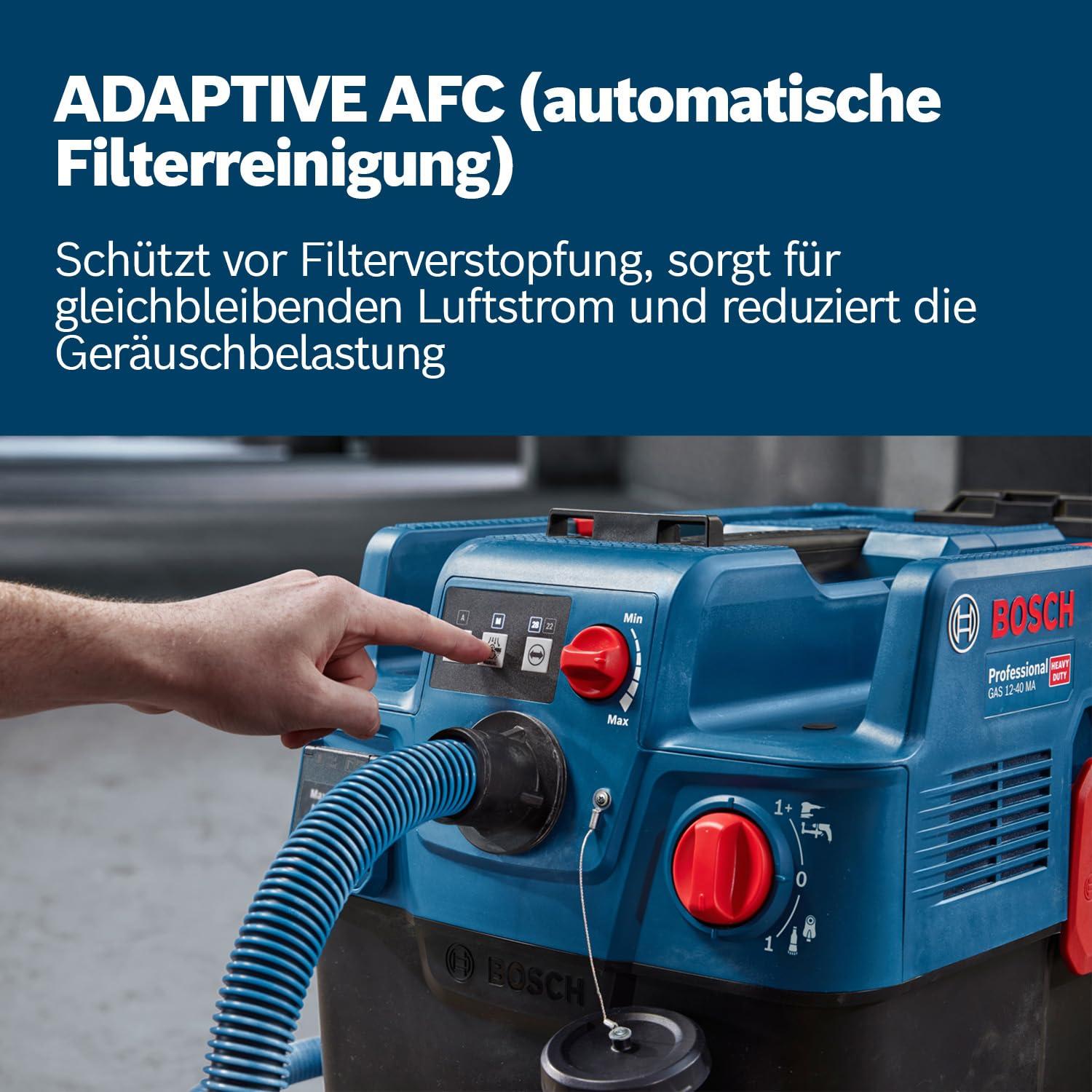 Bosch Professional tolmuimeja GAS 12-40 MA (1200 W, automaatne filtripuhastus (AFC), sisaldab põhifiltrit, voolikut, kombitööriista adapterit, kombiharjaotsikut) – detailne vaade
