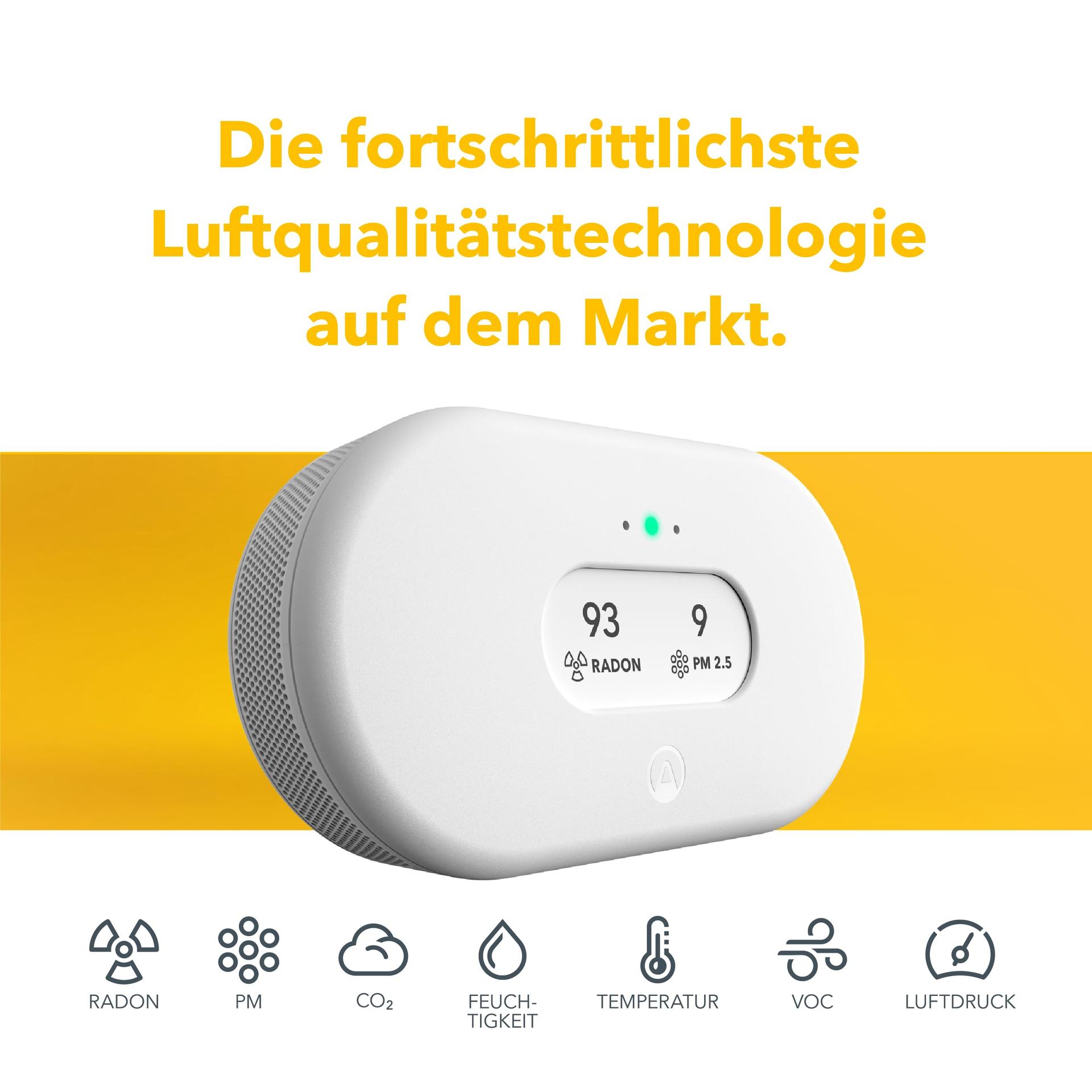 Airthings 2960 View Plus – nutikas radoni ja õhukvaliteedi mõõteseade (peenosakesed, radon, CO2, VOC, õhuniiskus, temperatuur) – detailne vaade