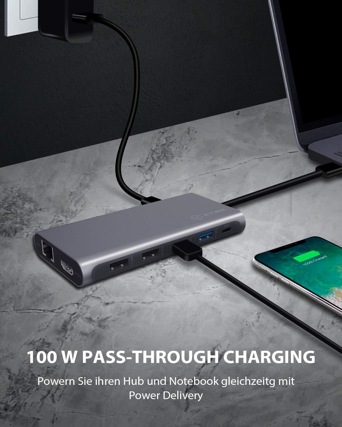 ICY BOX USB-C dokkimisjaam (12-ühes) 3 monitori jaoks (2x HDMI & 1x DP), 4K 60HZ, 3x USB 3.0 HUB, 100W toiteedastus, gigabit Ethernet, kaardilugeja, hall – pilt 6