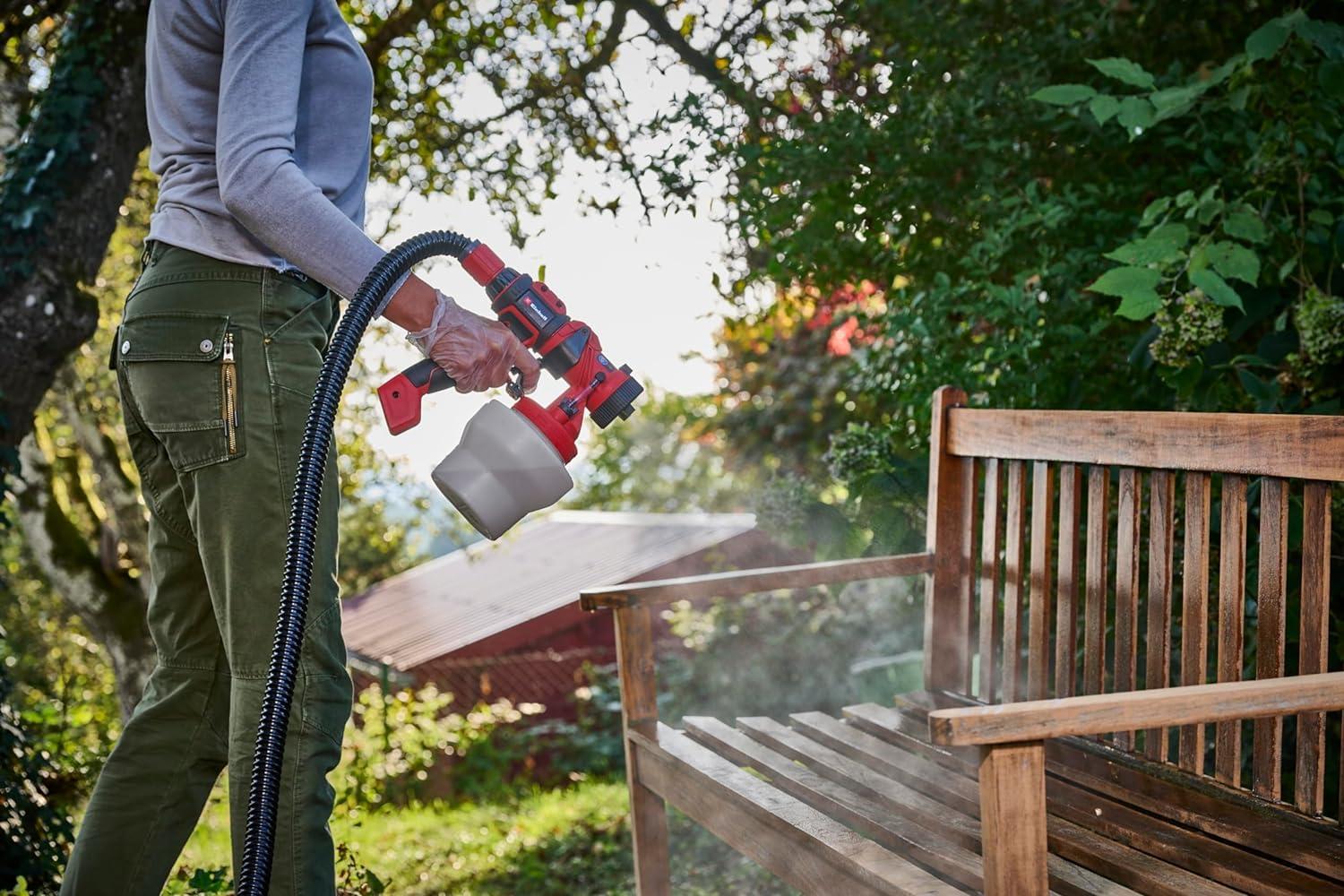 Einhell akutoitega värvipihustussüsteem TE-SY 18/90 Li-Solo Power X-Change (18 V, 1000 ml/min voolukiirus, 1200 ml mahuti, reguleeritav õhu- ja värvikogus, lisatarvikutega, ilma akuta) – kasutusnäide