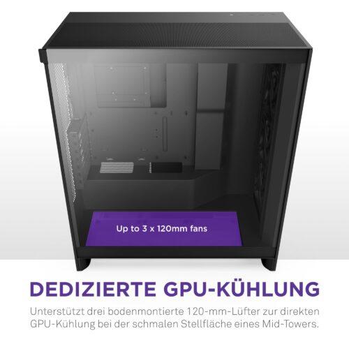 NZXT H7 Flow | Mid-Tower ATX õhuringluskorpus | Kuni 3 x 120 mm põhjaventilaatorit GPU otseseks jahutamiseks | 3 x 120 mm esipaneeli ventilaatorit | 420 mm radiaatorialus ees | Must