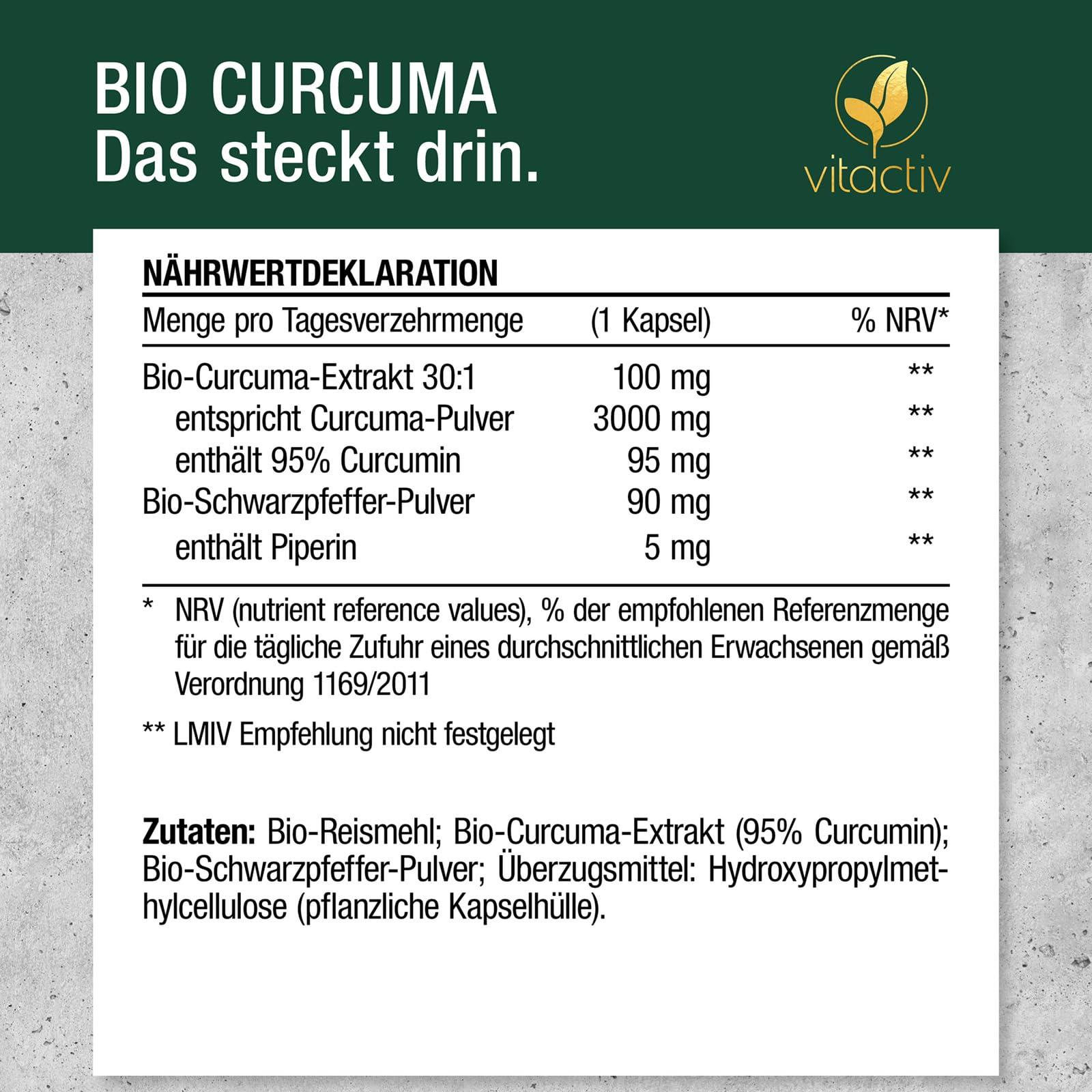 VITACTIV Bio Kurkumiin 3000 – 3-pakk. Kõrge annusega kurkumi ekstrakt 95% kurkumiiniga – Must pipar parema imendumise jaoks – 180 kapslit 180 päevaks – Vegan, ilma magneesiumstearaadita – pilt 6