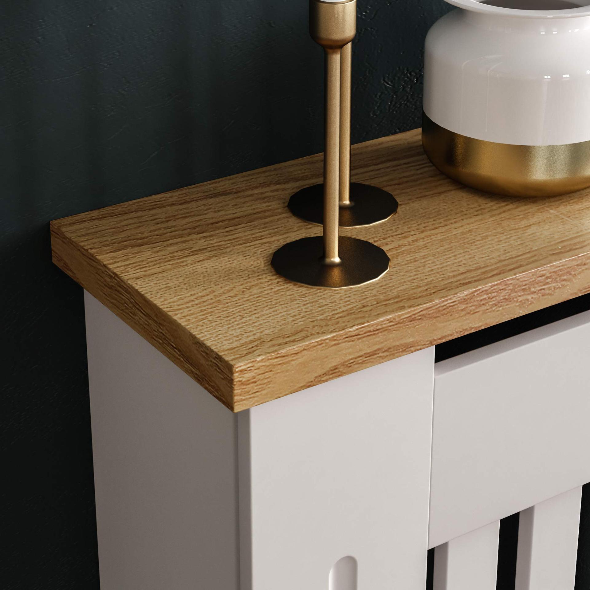 Vida Designs Arlington radiaatorikate, modernne, valge lakitud, MDF-kapp, liistud, sooned, pealmine puidust riiul, suur – kasutusnäide