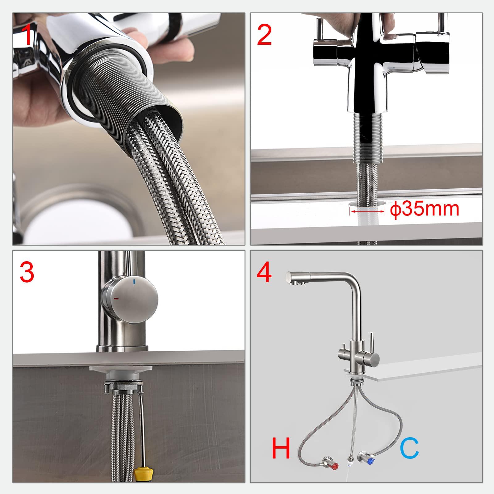 3-in-1 köögisegisti (joogiveekraani 360° pööratavus, kahekordne hoob, sobib veefiltriga, sooja ja külma vee väljalase, kõrgsurve segisti, 3 voolikut 50 cm) harjatud roostevaba teras – pilt 6