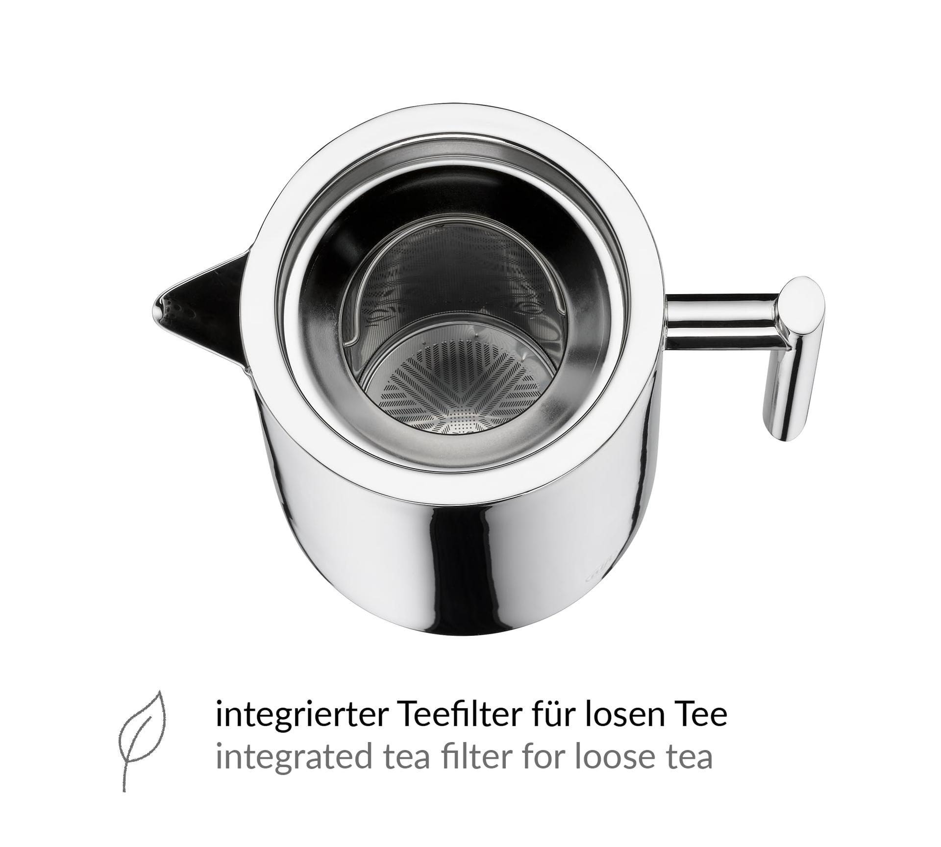alfi TEA POT 1,40l, roostevabast terasest isoleerkann teesõela ja teepüüdjaga, vastupidav termokann, ideaalne lahtise tee jaoks, nõudepesumasinas pestav, BPA-vaba – kasutusnäide