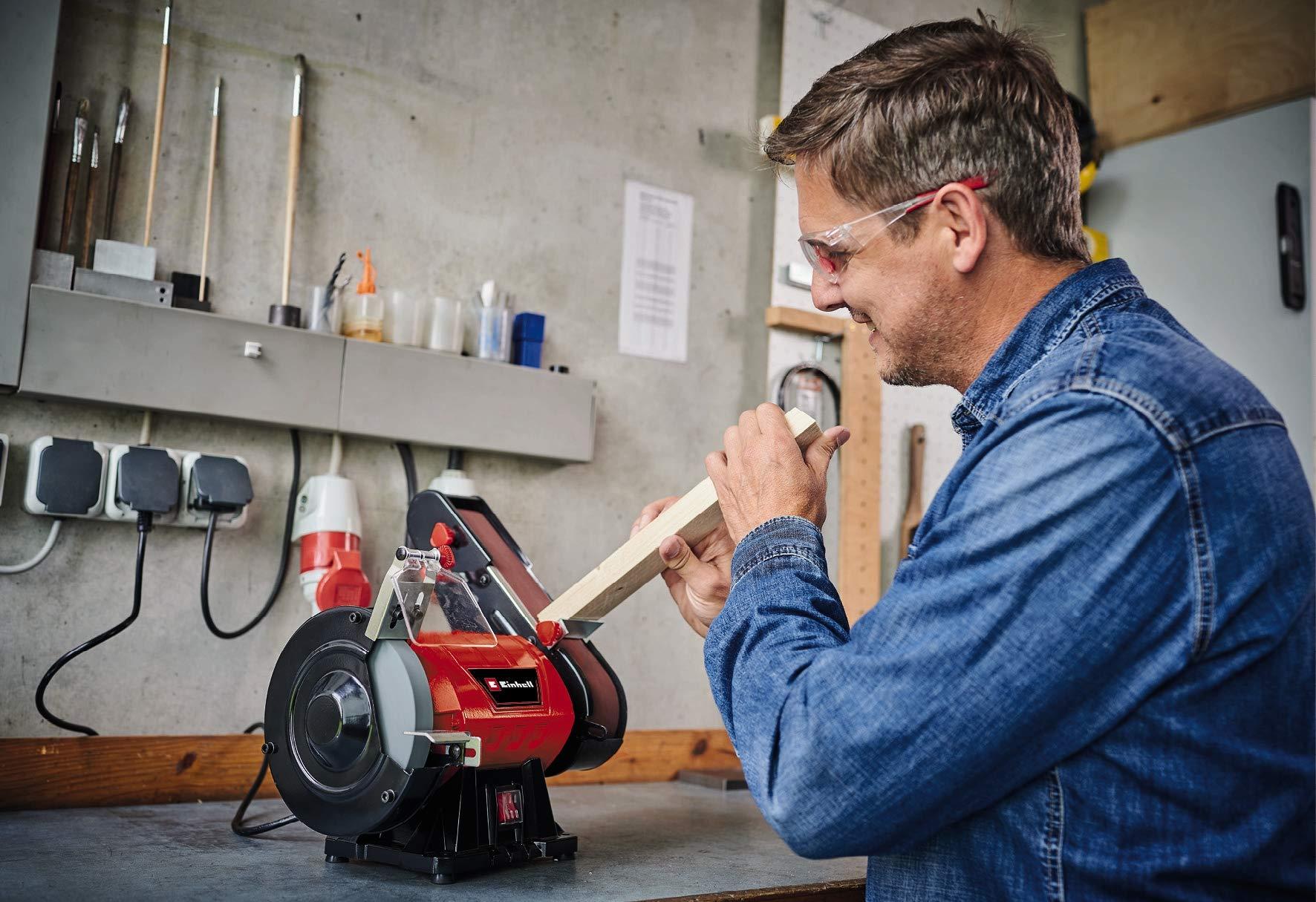 Einhell Stand-Bandschleifer TC-US 350 (350 W, lihvlint ja lihvkettad, kaitsekate, sädemevastane klaas, kaasas jäme lihvkettas ja lihvlint) juhtmega – pakend ja tarvikud