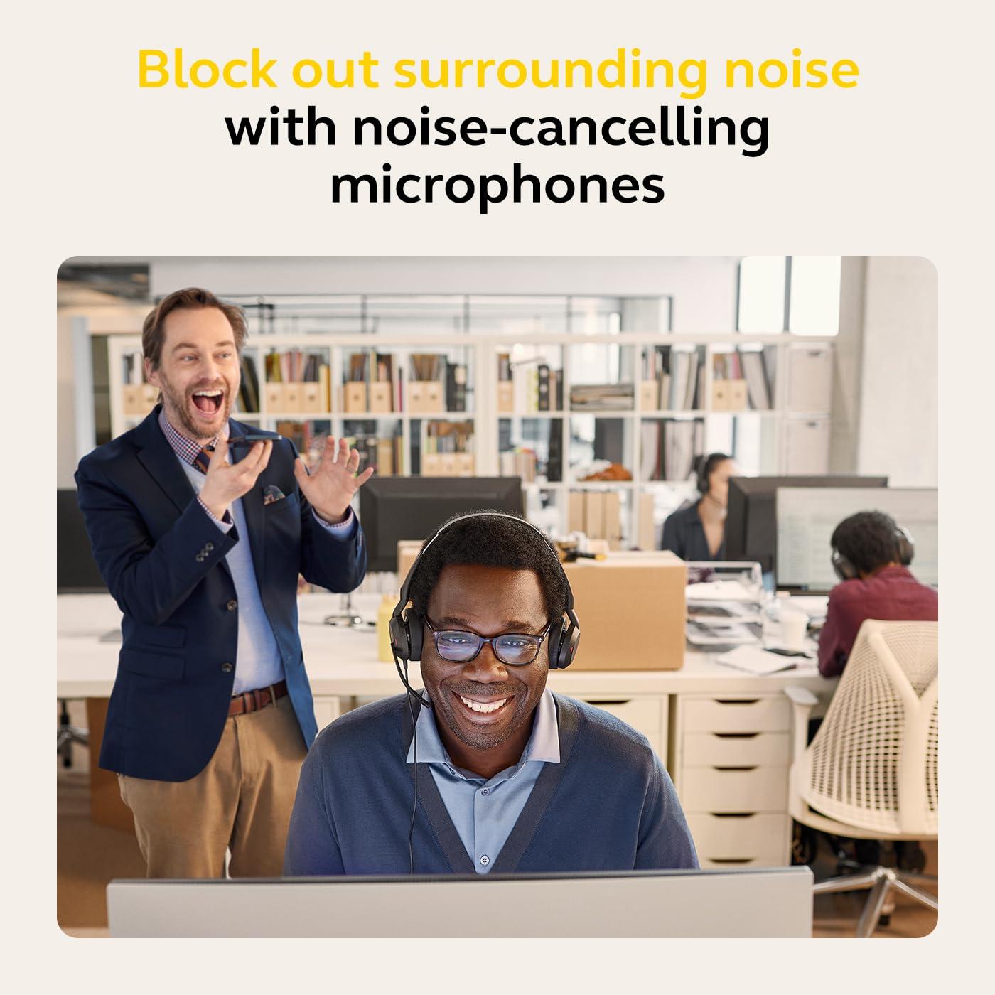 Jabra Evolve2 50 – Juhtmega stereo peakomplekt Air Comfort – Mikrofonid aktiivse mürasummutusega (ANC) – MS Teamsi sertifikaat, ühilduv ka teiste platvormidega – Must – pakend ja tarvikud