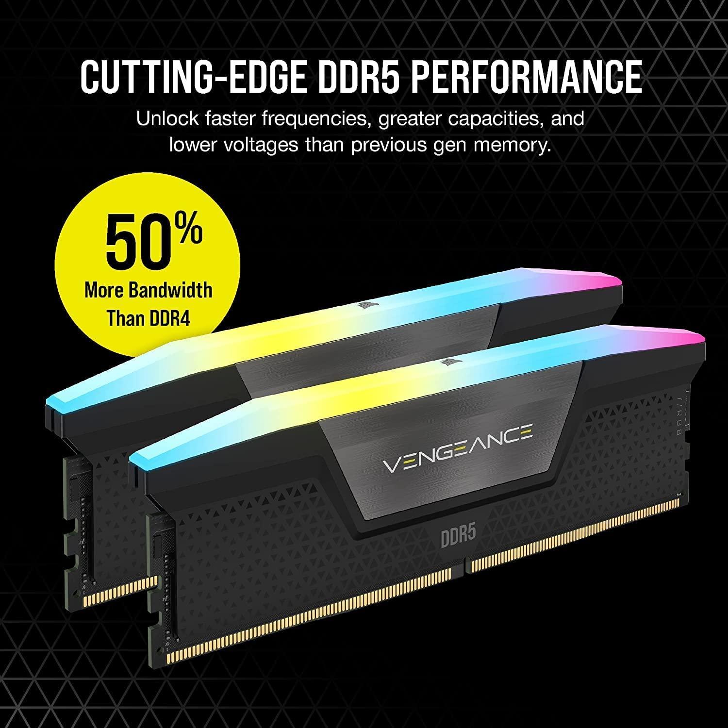 Corsair VENGEANCE RGB DDR5 RAM 64GB (2x32GB) 6400MHz CL32 Intel XMP iCUE ühilduv arvutimälu – Must (CMH64GX5M2B6400C32) – pakend ja tarvikud