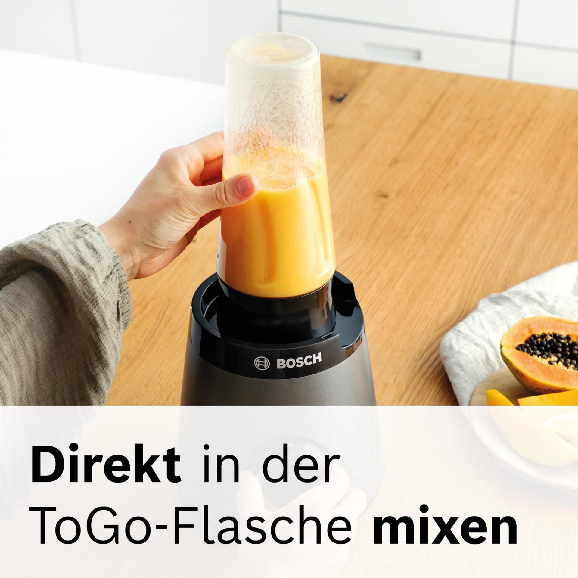 Bosch VitaPower Serie 4 blender MMB6174SN, uuendatud versioon, kvaliteetsed roostevabast terasest terad, 1,5L klaaskann, 0,6L To-Go pudel, nõudepesumasinas pestavad osad, 30 000 p/min, 1200 W, hõbedane – kasutusnäide