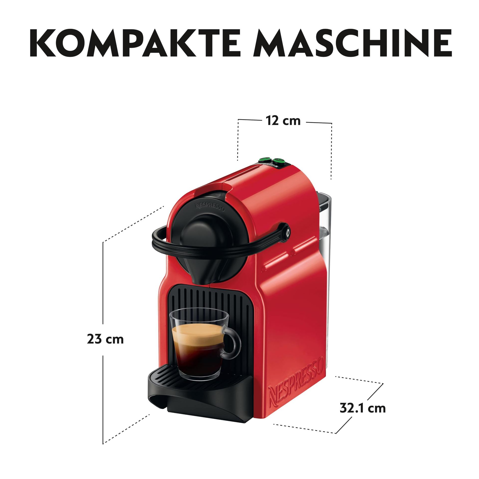 Nespresso kapselkohvimasin Inissia XN1005 Krupsilt – kiire, automaatse väljalülitusega, kirsipunane – pakend ja tarvikud