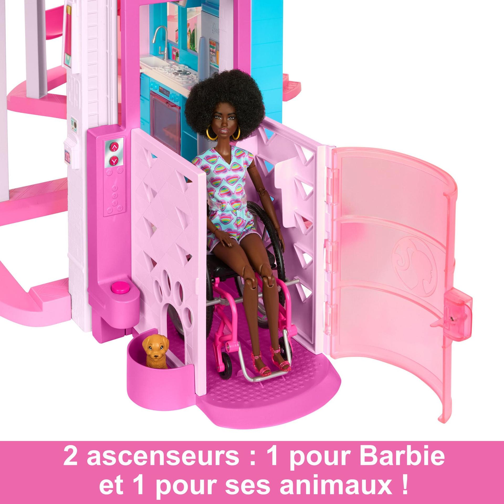 Barbie Unistuste Villa – 3-korruseline Barbie maja 10 mängualaga, bassein, liumägi, lift, 75 nukutarvikut, mängukoer, mänguasi lastele alates 3. eluaastast, HMX10 – pilt 6