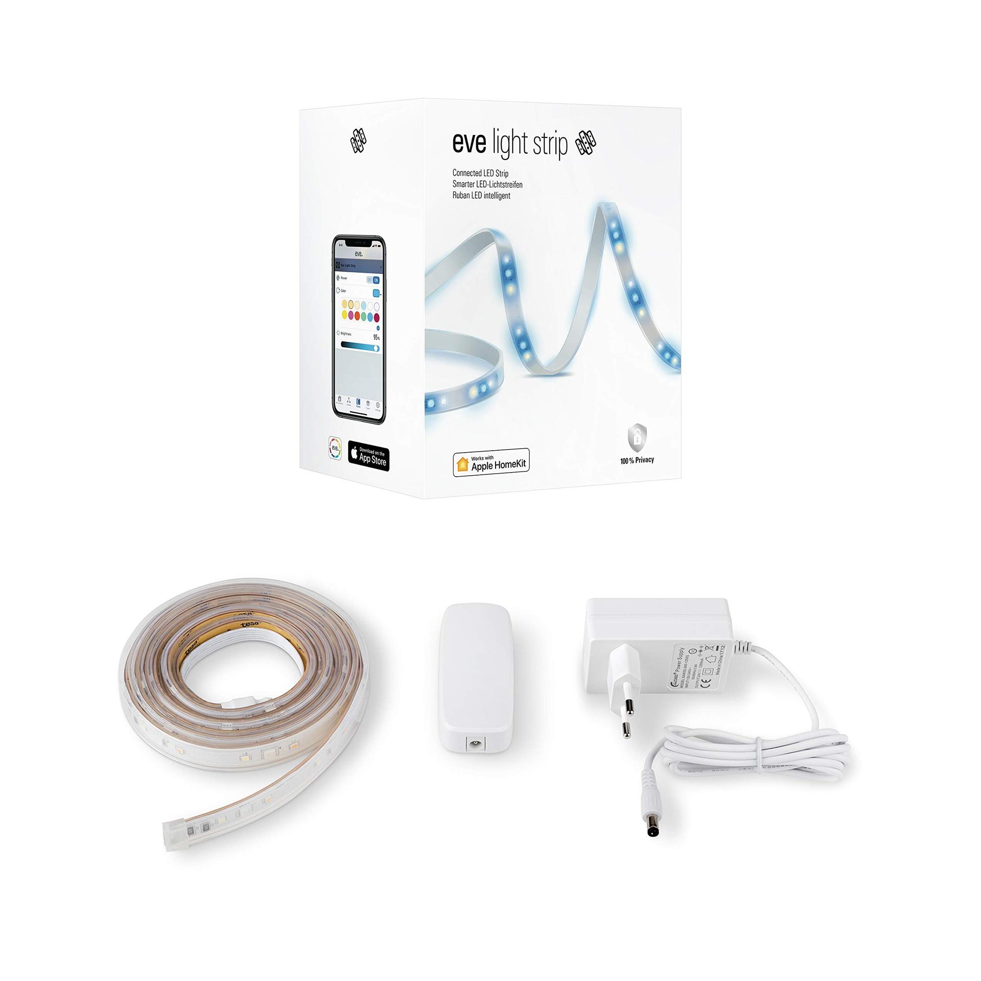 Eve Light Strip (Apple Home) – Nutikas LED-valgustusriba, 2 m, valge, RGB-värvid, 1800 lm, hämardatav, isekleepuv, ei vaja silda, WiFi, rakenduse juhtimine – pakend ja tarvikud