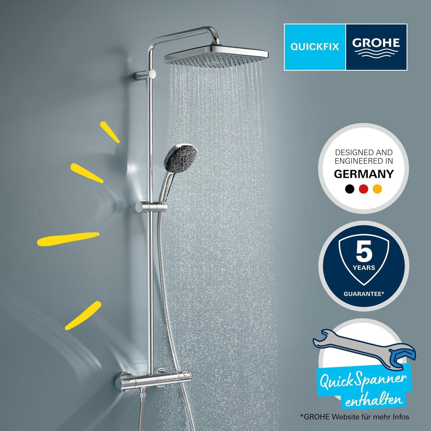 GROHE Vitalio 250 – Veesäästlik dušisüsteem – 8 l/min (2 pihustusrežiimi, pööratav peadušivarre, 38°C ohutuslukk, katlakivivastane süsteem), kandiline, kroom, 26696001 – kasutusnäide