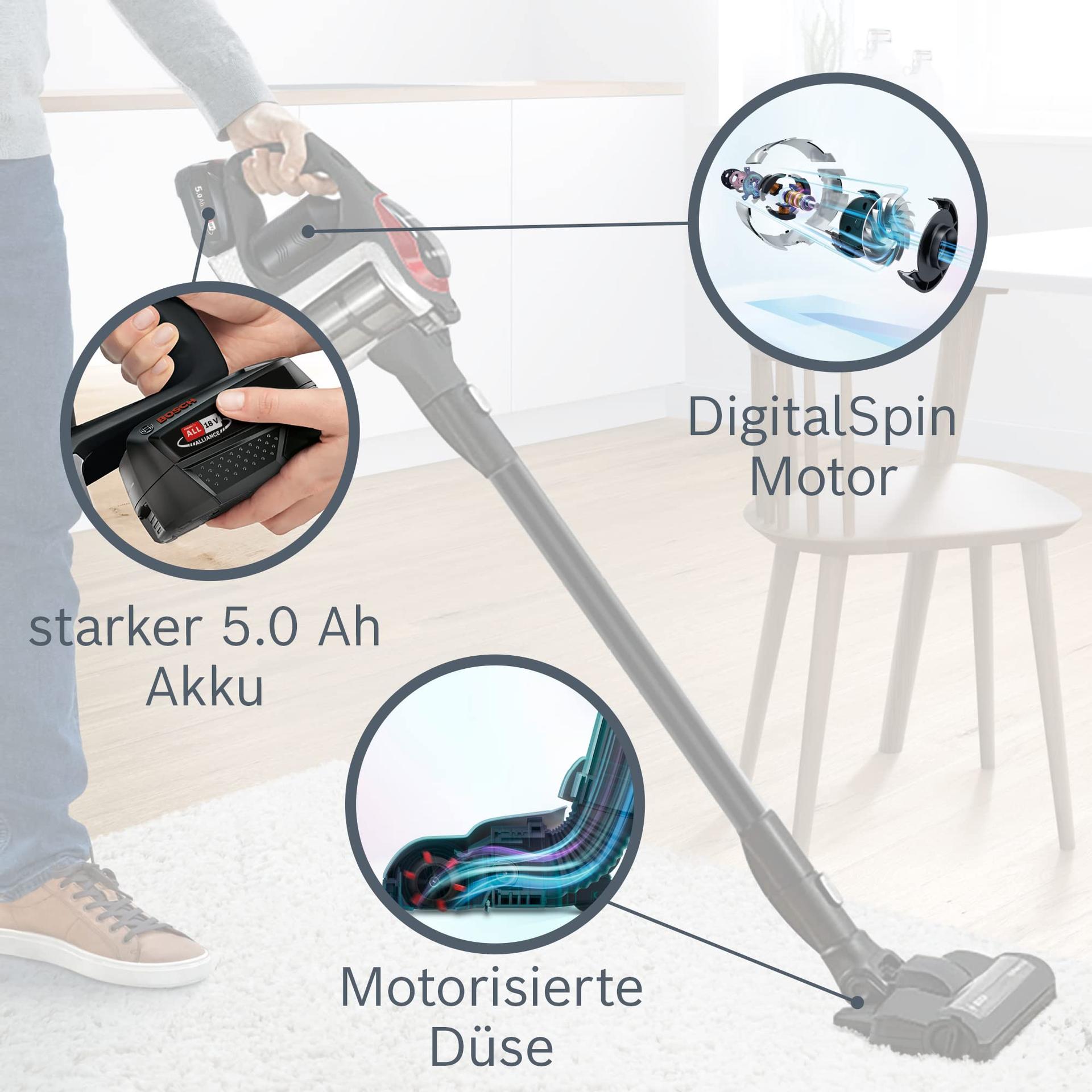 Bosch juhtmevaba akuga tolmuimeja Unlimited ProPower Serie 8 BSS81POW1, kotivaba, hügieenifilter, suur imemisvõimsus, pikk tööaeg, kiire laadimine, piludüüs, must – kasutusnäide