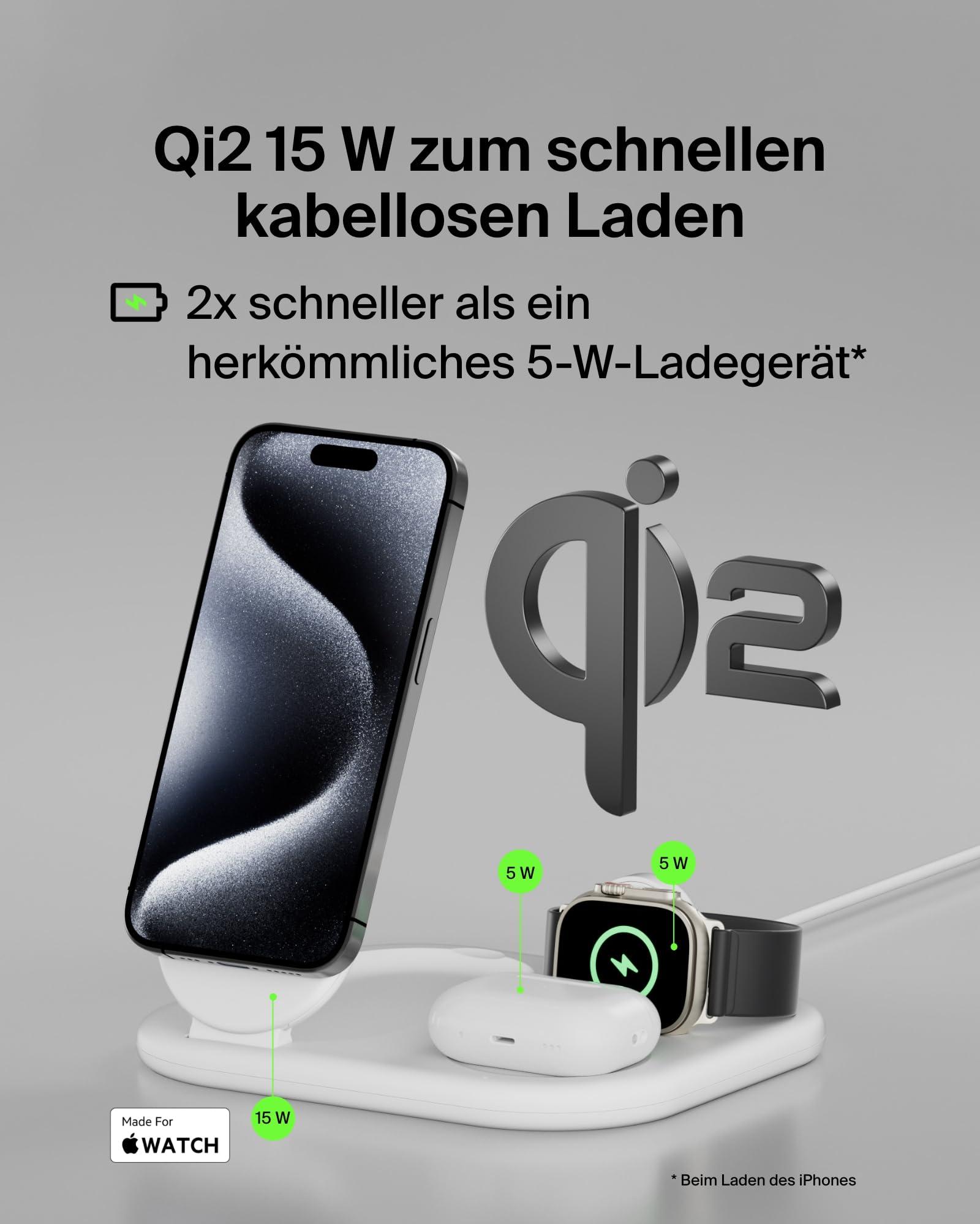 Belkin BoostCharge juhtmevaba 3-ühes laadimisjaam Qi2, 15 W, kokkupandav MagSafe-ühilduv statiiv Apple iPhone 16/15, Apple Watch, AirPods jaoks, libisemisvastane, kiirlaadimine, koos toiteadapteriga – Valge – detailne vaade