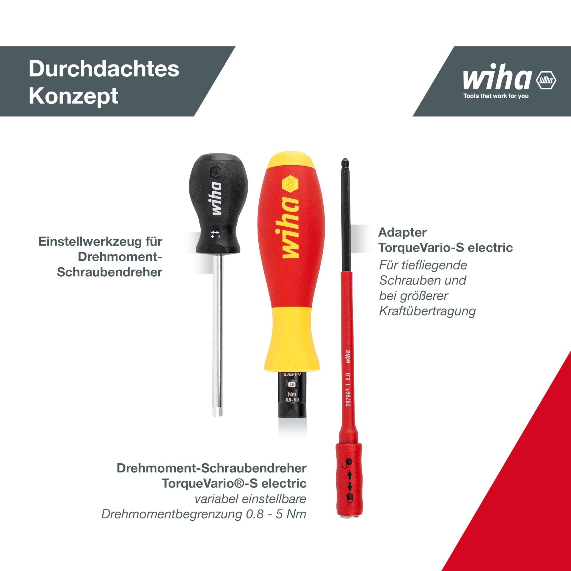 Wiha pöördemomendi kruvikeeraja komplekt TorqueVario-S electric (36791) 19-osaline | 0,8-5,0 Nm | koos kokkupandava kotiga | Lame/Philips/PlusMinus/TORX – pakend ja tarvikud