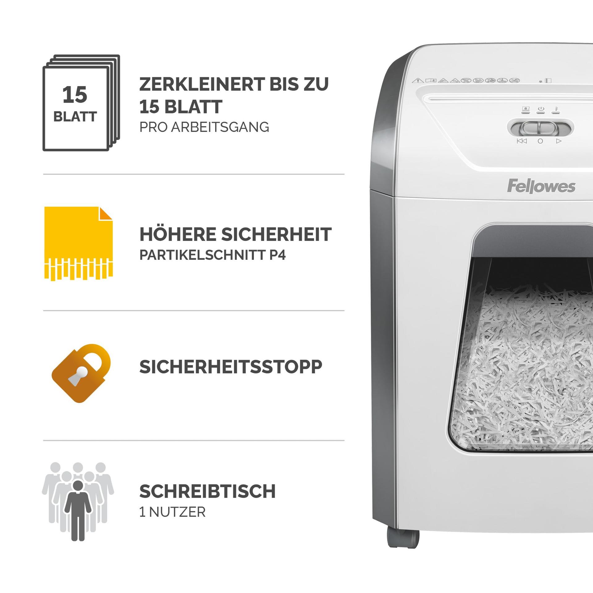 Fellowes dokumendihävitaja kodukontorisse – 15-leheline ristlõikega purustaja lauale – Powershred 15C hävitaja 19L mahutiga – kõrge turvataset P-4 – valge