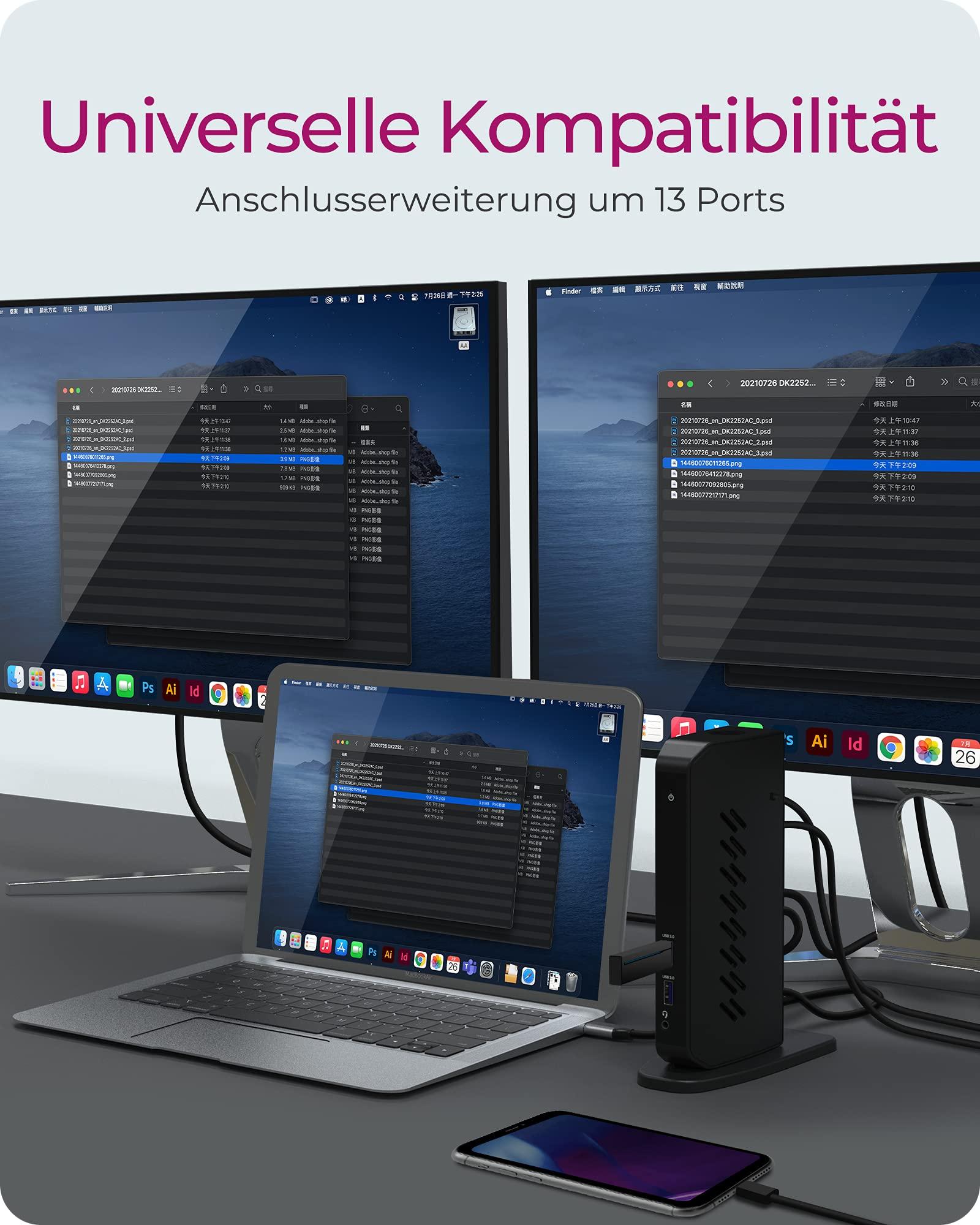 ICY BOX USB-C Docking Station (12-in-1) kahele monitorile (2x HDMI / 2x DP), 4K 60Hz, 6x USB 3.0 HUB, DisplayLink, Gigabit Ethernet, IB-DK2252AC Windowsi ja M1/M2 MacBook Air / Pro jaoks – pakend ja tarvikud