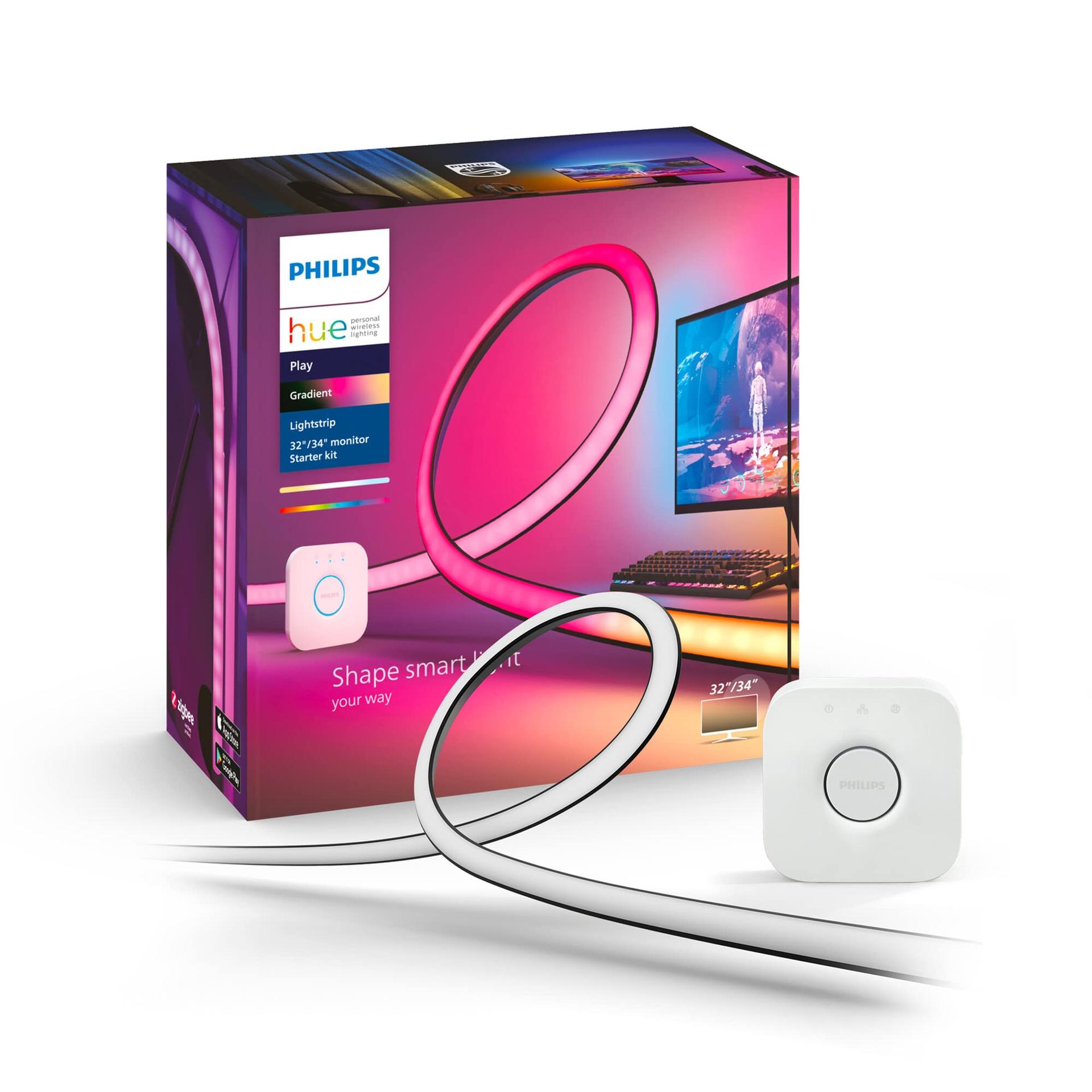 Philips Hue Color & White Ambience Play Gradient, PC valgusriba 32-34 tolli jaoks, hämardatav, 16 miljonit värvi, juhitav rakenduse kaudu, Starter Komplekt, sisaldab Hue Bridge’i