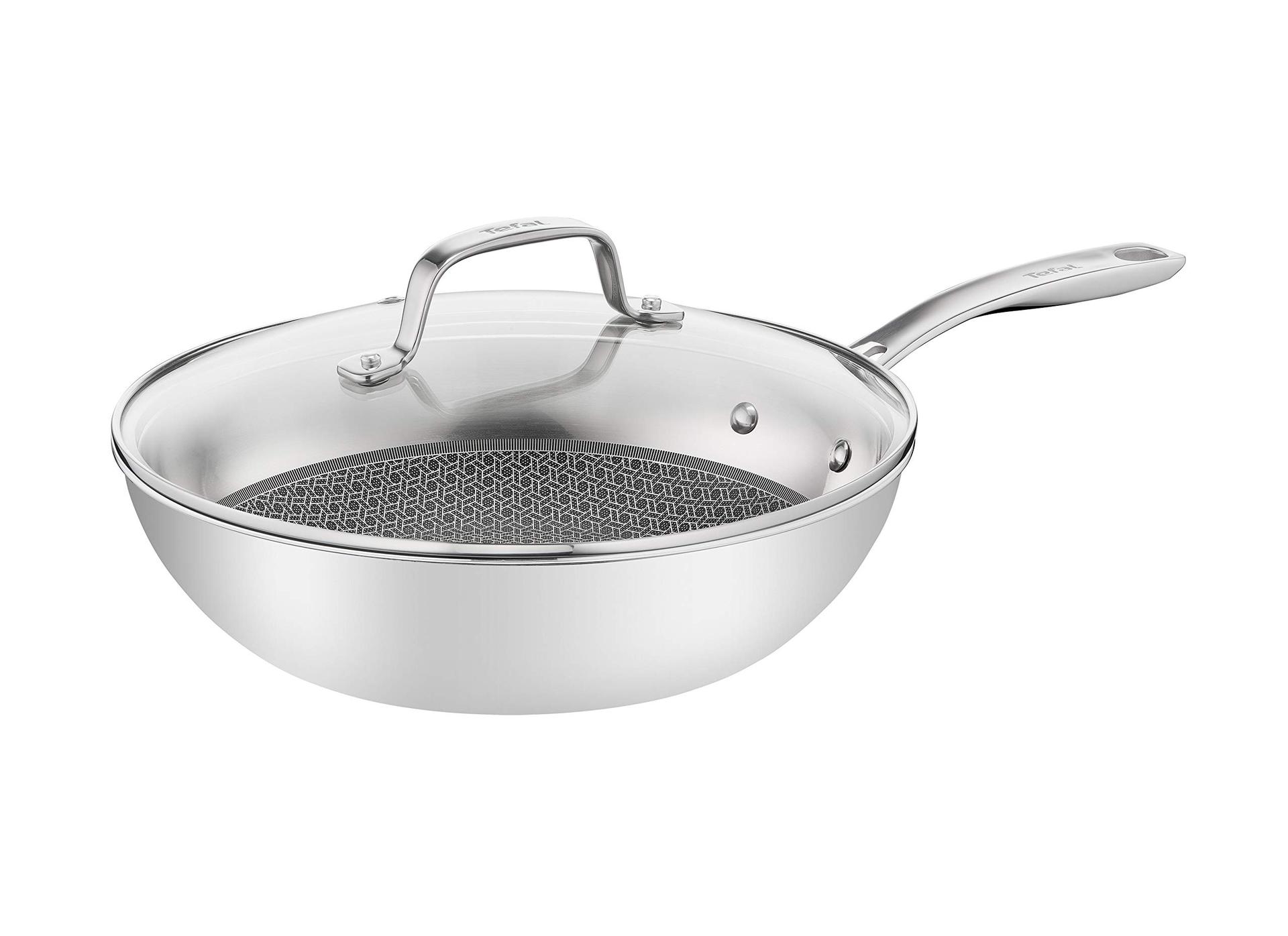 Tefal E49716 Eternal Mesh Wokpann, kriimustuskindla Mesh-kattega, PFOA-vaba, sobib kõigile pliiditüüpidele, sealhulgas induktsioonpliitidele, klaaskaanega, roostevaba teras, 28 cm