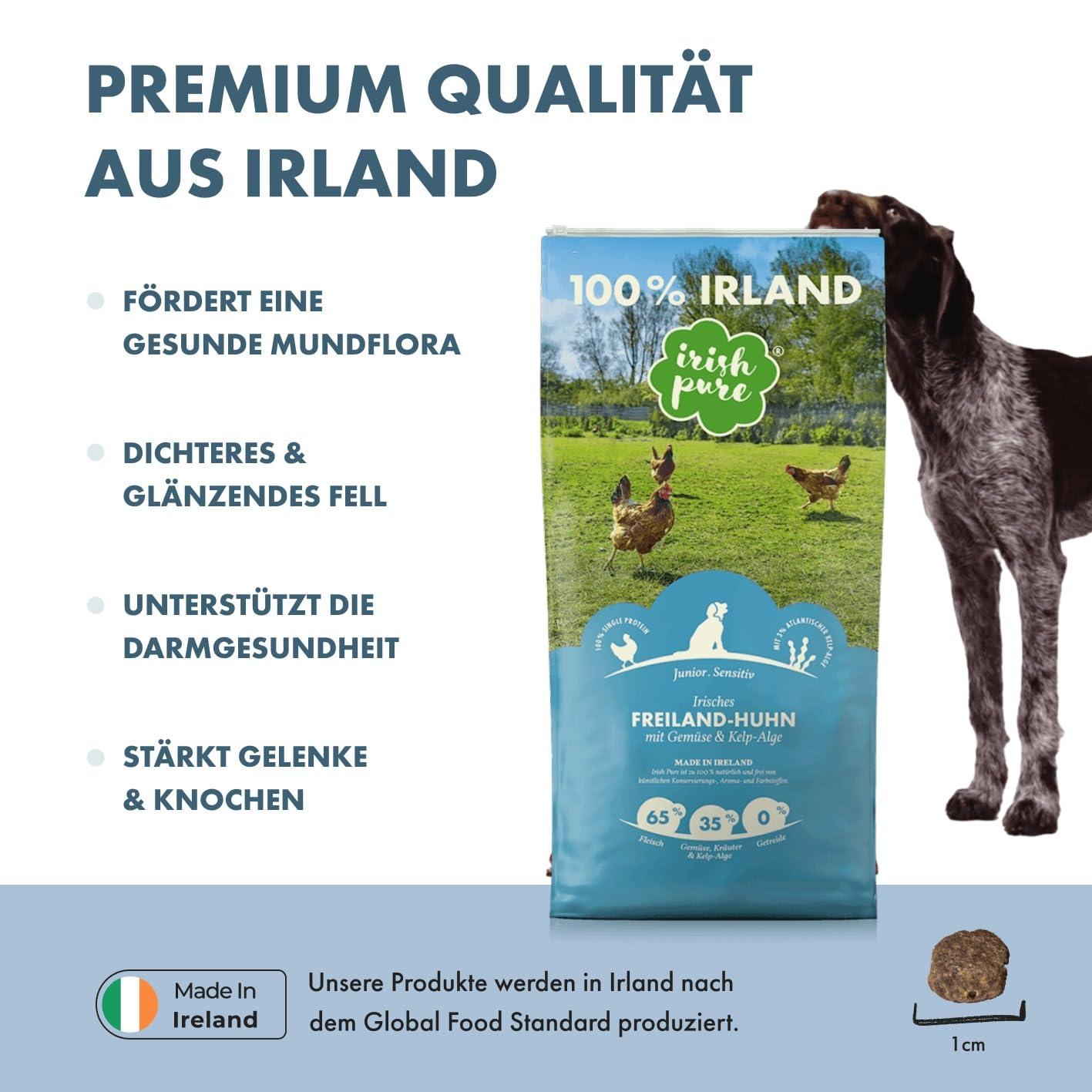 Irish Pure kuivtoit kutsikatele | 12kg | Vabapidamisel kana kelbi ja köögiviljadega | Junior | Kõrge lihasisaldus | Teraviljavaba | Tundlikule seedimisele | Kuivtoit koertele | Kõikidele tõugudele – pakend ja tarvikud