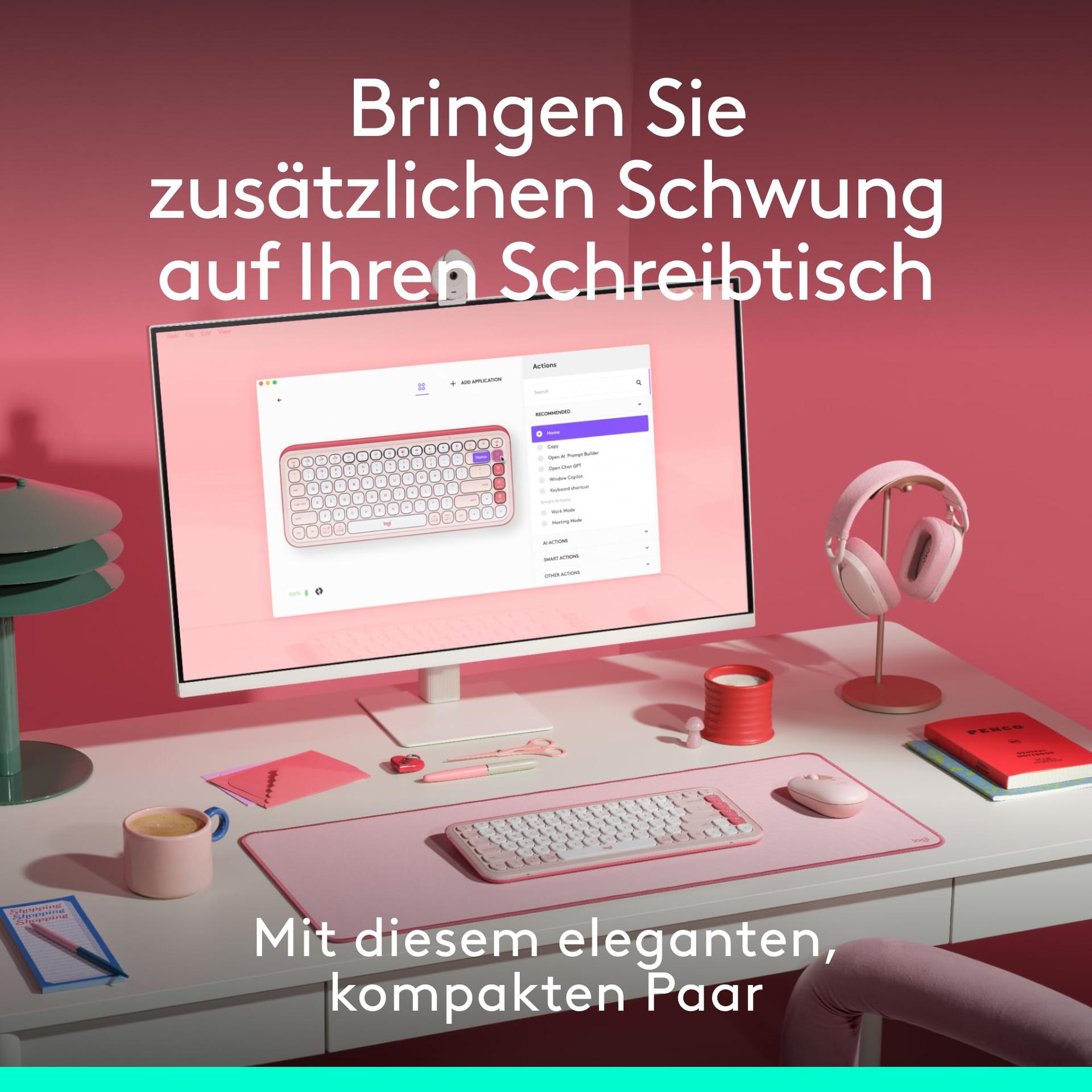 Logitech POP ICON KOMBO, Bluetooth-klaviatuuri ja hiire komplekt, mugav trükkimine, programmeeritavad klahvid, vaiksed klõpsud, Easy-Switch kuni 3 seadmele, Saksa QWERTZ-paigutus – Roosa – detailne vaade