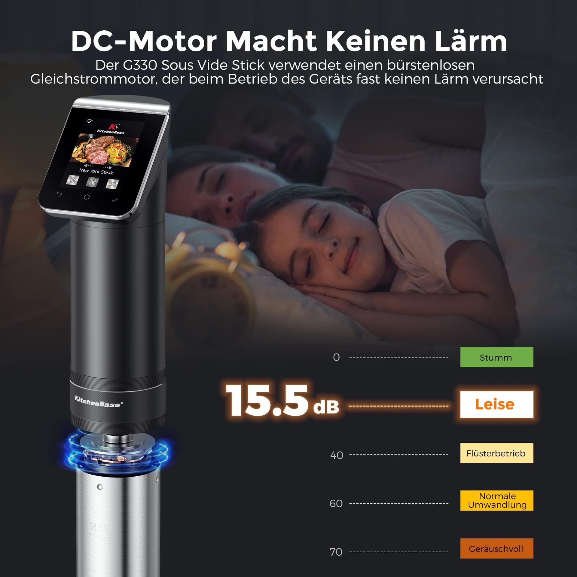 KitchenBoss Sous Vide keetmispulk WLAN: G330 WiFi täpne küpsetaja – temperatuuri reguleerimine kuni 90°C, veekindel IPX7, TFT puutetundlik ekraan, 360° tsirkulatsioon taimeriga – lisavaade