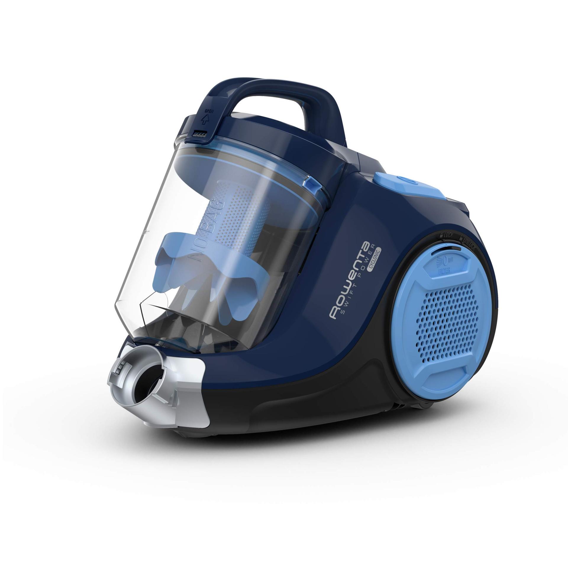 Rowenta Swift Power Cyclonic tolmuimeja ilma kotita, 900 W, võimas imemine, 1,2 L tolmuanum, kõrge filtreerimine, suur katvus, juhtmega kotivaba tolmuimeja, sinine, RO2981EA – pakend ja tarvikud